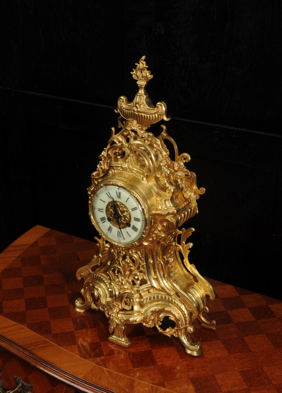 Large Louis XV Antique French Gilt Bronze Clock For Sale 1