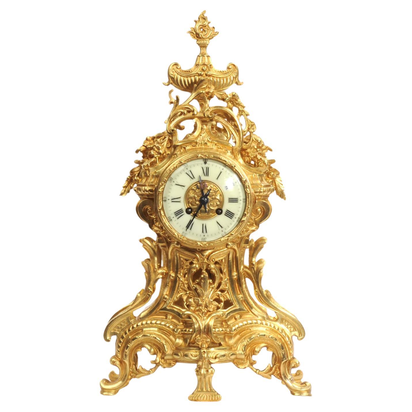 Large Louis XV Antique French Gilt Bronze Clock For Sale