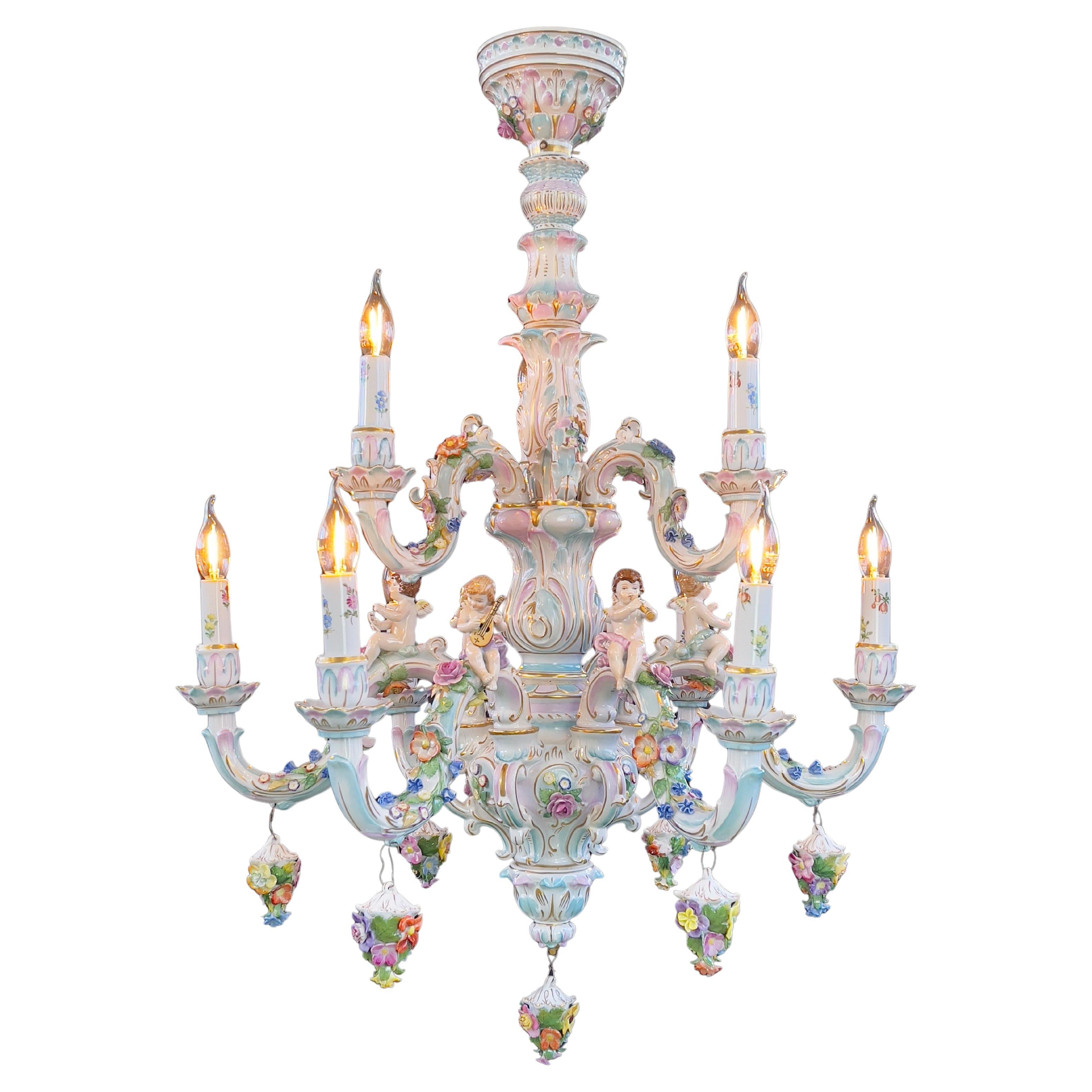Large Louis XV Meissen Style 9-Light Chandelier Porcelain Gilt, by PMP Germany