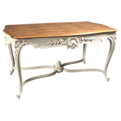 Large Louis XV Rococo Style Center Table In Carved And White Lacquered Walnut