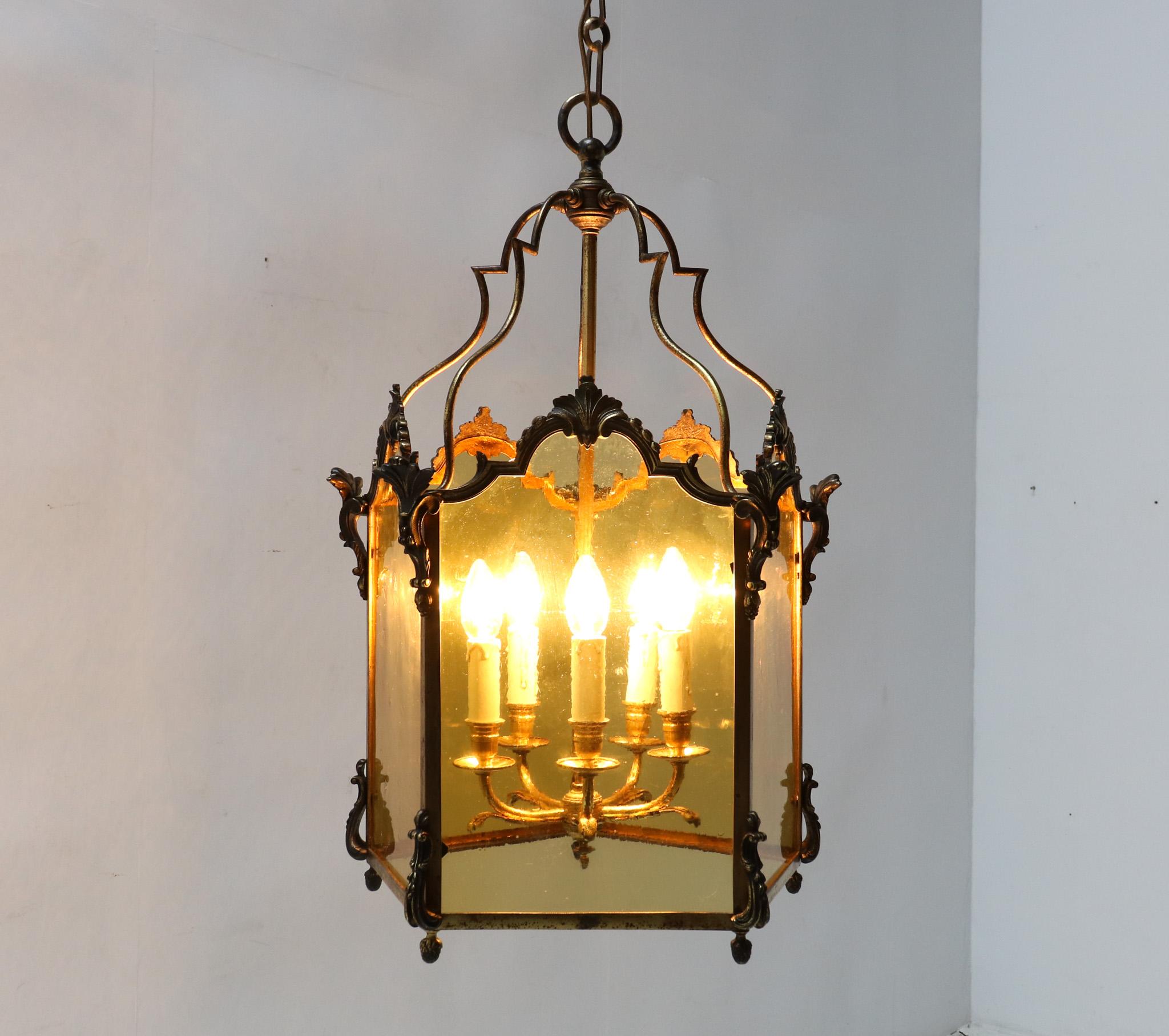 Gilt Large Louis XV Style Five-Panel Bronze Hall Lantern, 1870s For Sale