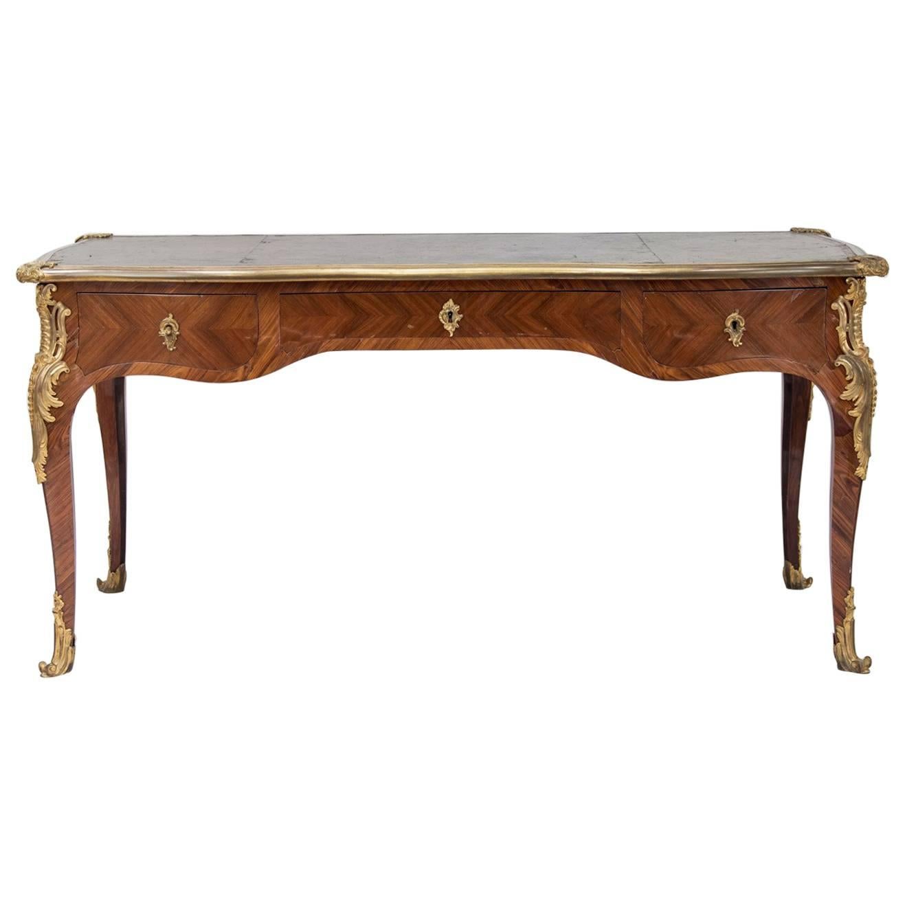 Large Louis XV Style Flat Desk Marquetry, Late 19th Century