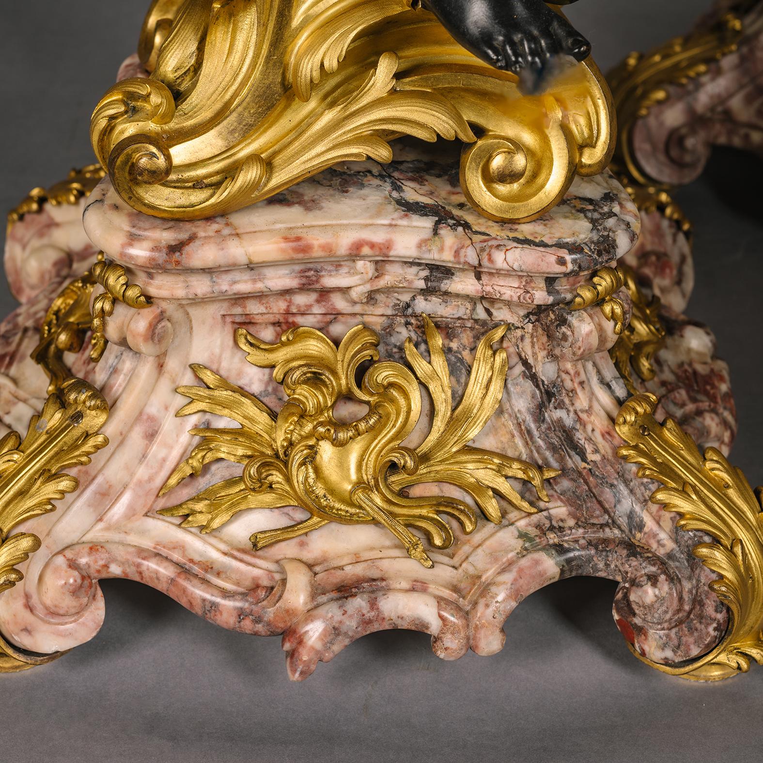 Large Louis XV Style Gilt and Patinated Bronze and Marble Figural Candelabra For Sale 6