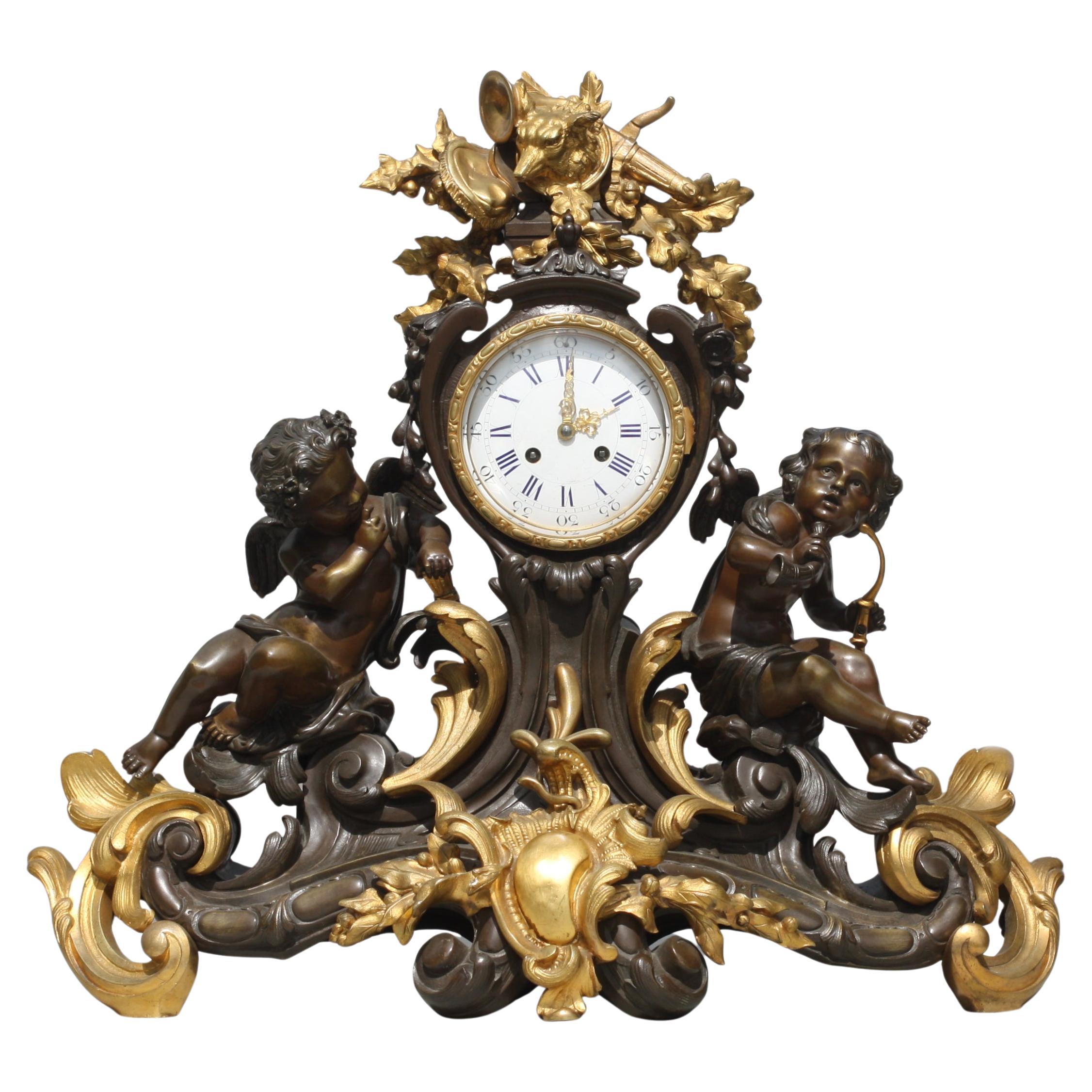 Large Louis XV Style Gilt and Patinated Bronze Mantel Clock