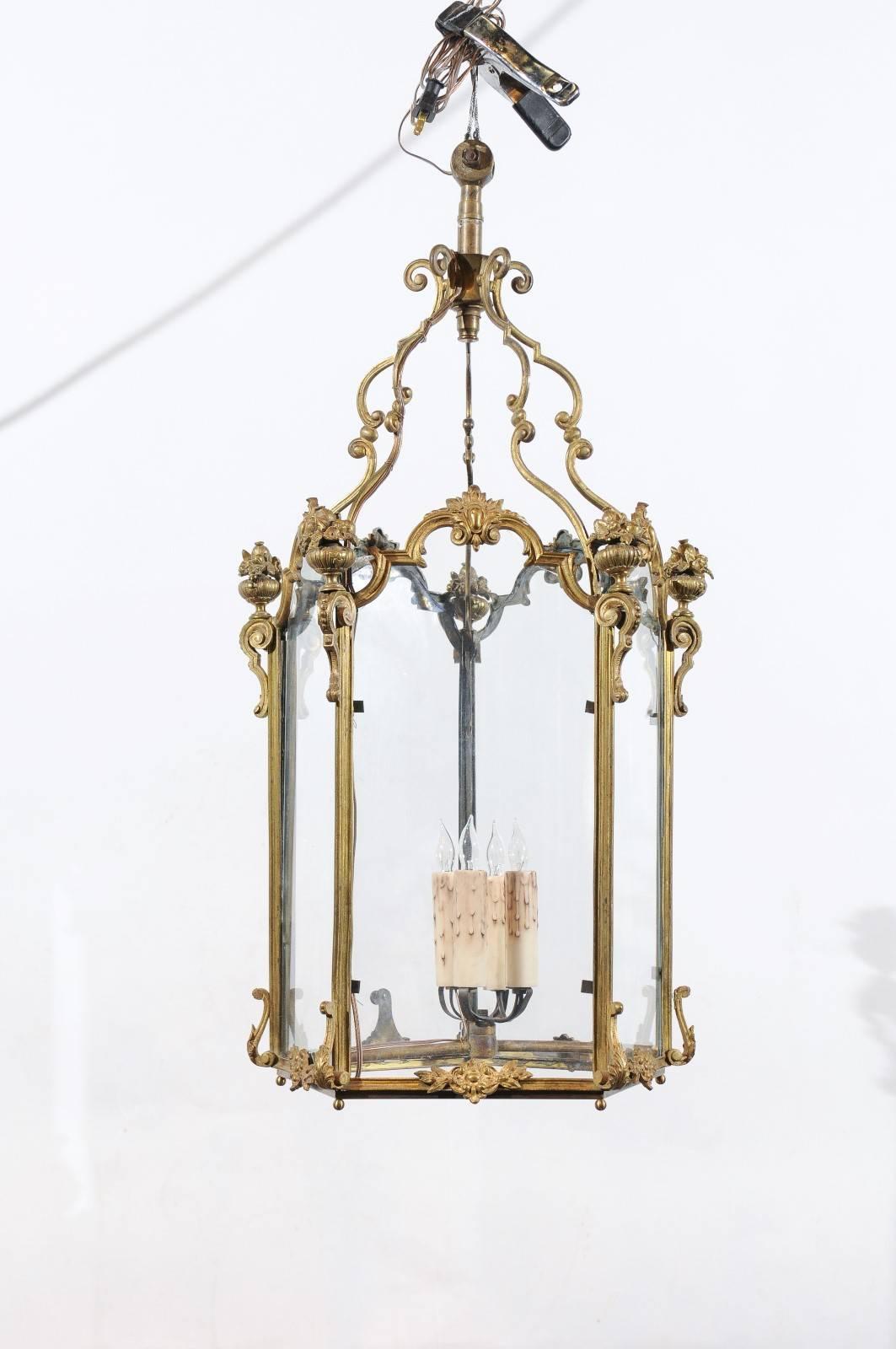 Large Louis XV style gilt bronze 5-sided Lantern with 4 lights, France ca. 1880.