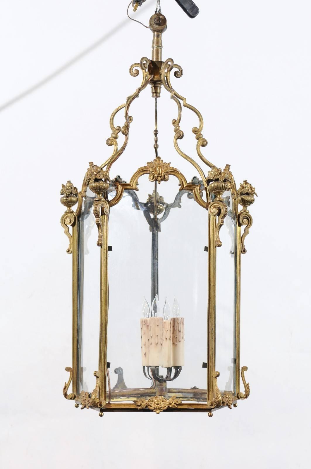 French Large Louis XV Style Gilt Bronze 5-Sided Lantern with 4 Lights, France, ca. 1880