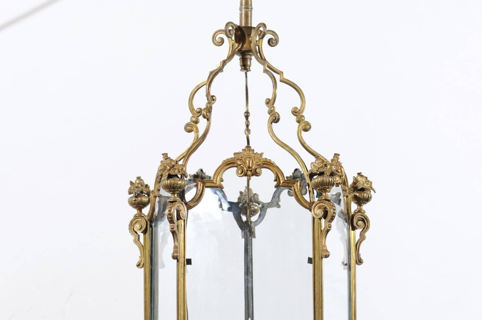 Large Louis XV Style Gilt Bronze 5-Sided Lantern with 4 Lights, France, ca. 1880 In Good Condition In Atlanta, GA