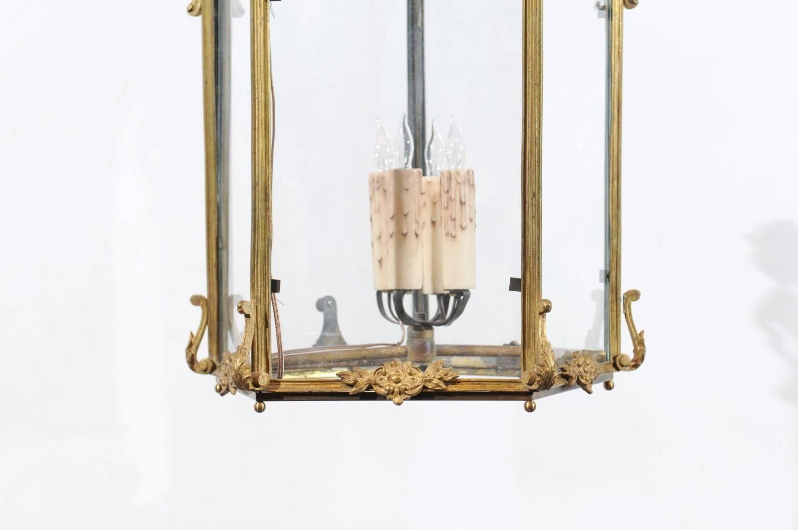 19th Century Large Louis XV Style Gilt Bronze 5-Sided Lantern with 4 Lights, France, ca. 1880