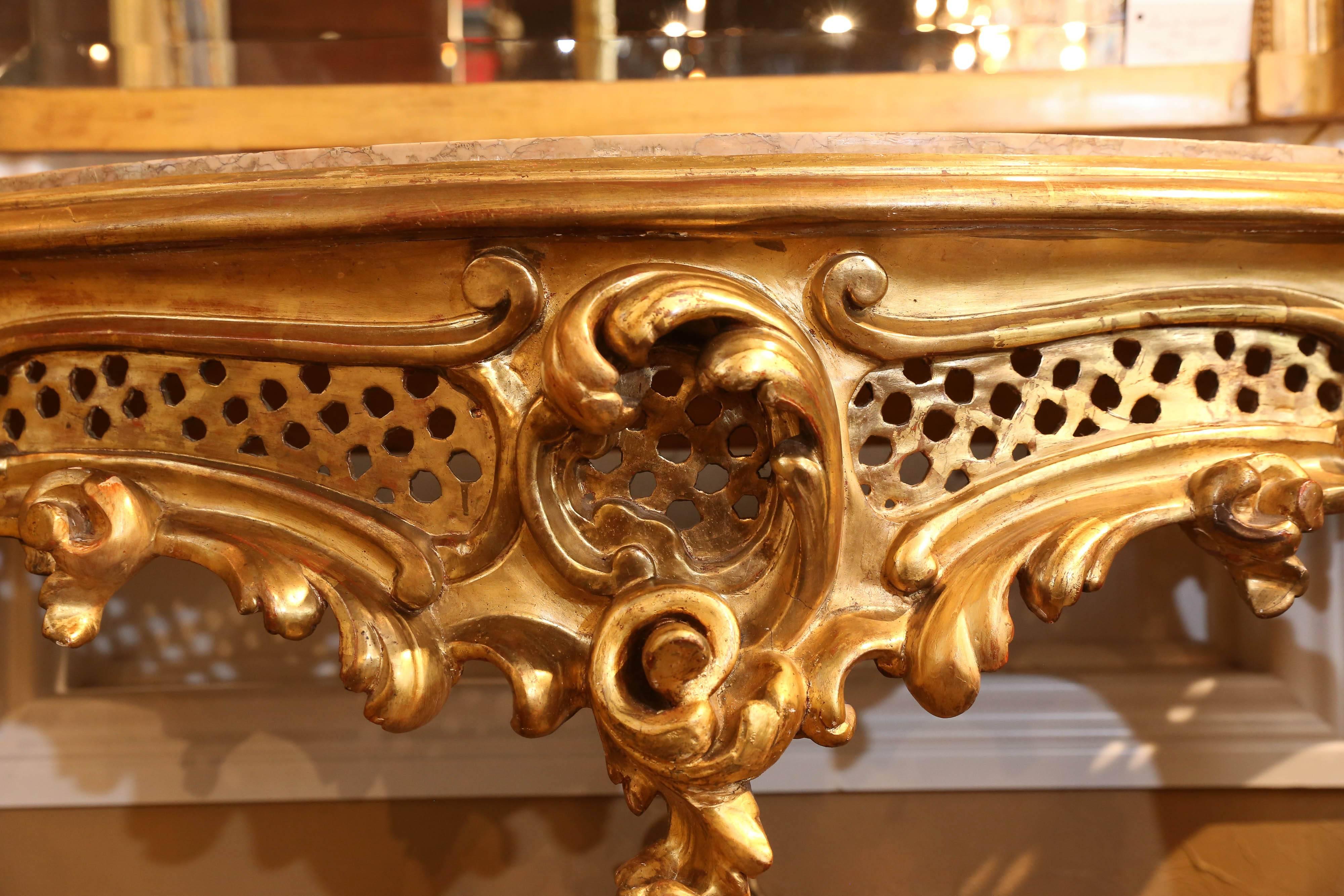 Large Louis XV Style Giltwood Console Table, 19th Century with Marble Top For Sale 6