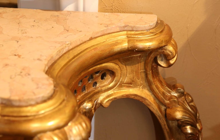 French Large Louis XV Style Giltwood Console Table, 19th Century with Marble Top For Sale