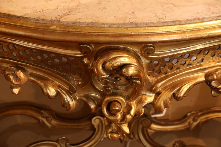 Large Louis XV Style Giltwood Console Table, 19th Century with Marble Top In Excellent Condition For Sale In Houston, TX