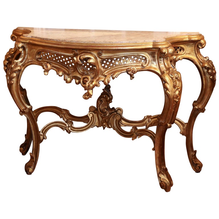 Large Louis XV Style Giltwood Console Table, 19th Century with Marble Top For Sale