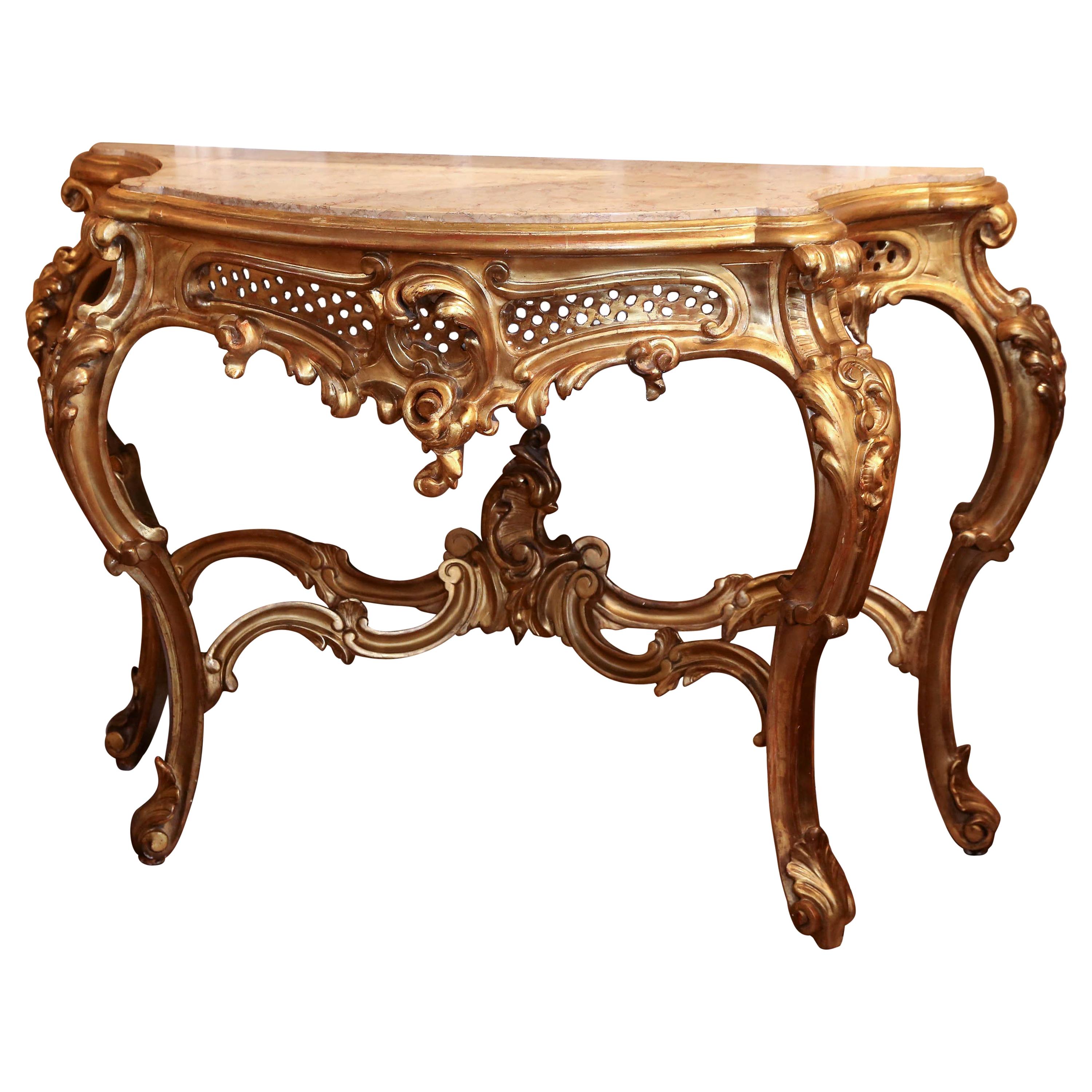 Large Louis XV Style Giltwood Console Table, 19th Century with Marble Top