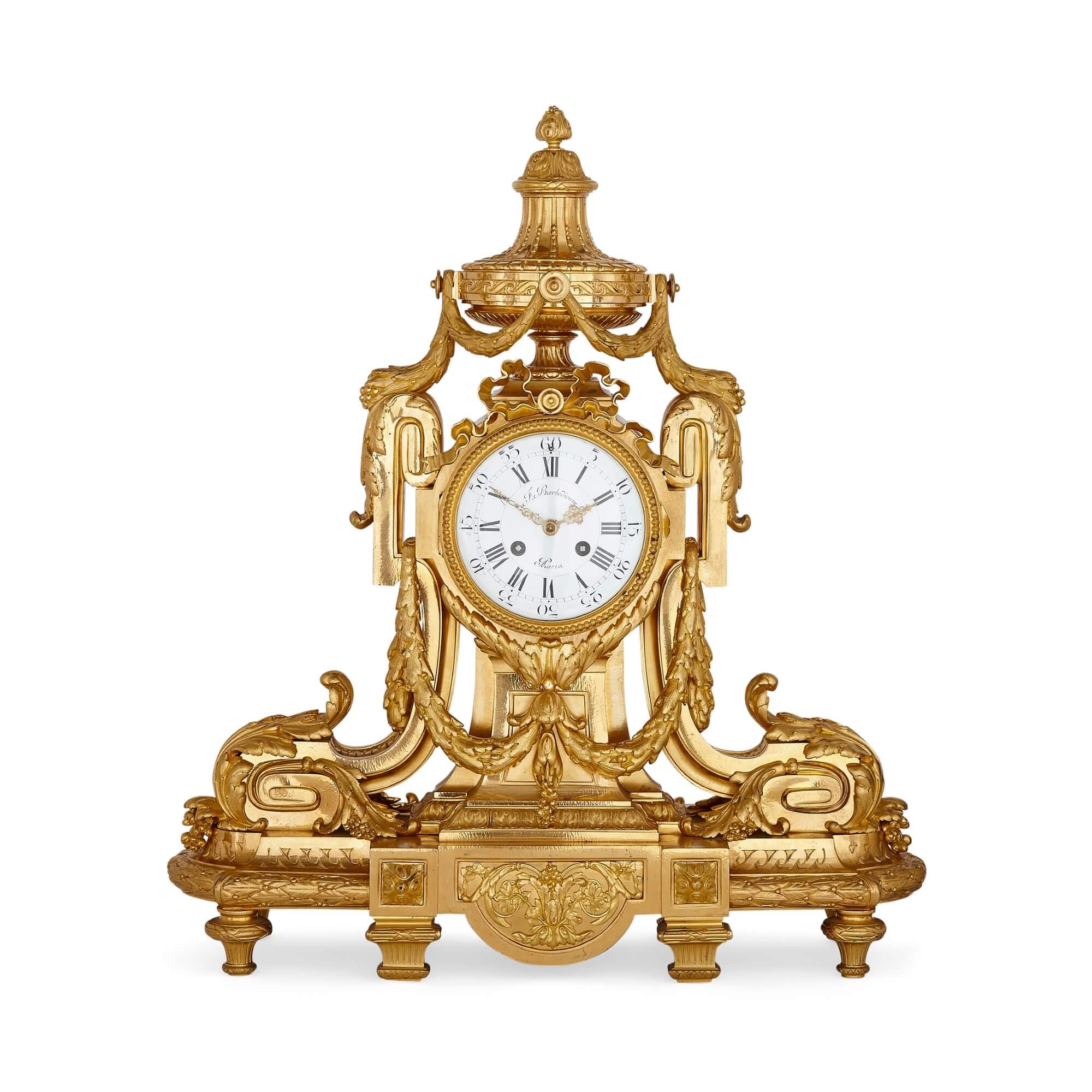 Large Louis XV style Rococo ormolu three-piece clock set by Barbedienne
French, late 19th century
Clock: height 58cm, width 51cm, depth 19cm
Candelabra: height 75cm, width 35cm, depth 28cm

Cast by Barbedienne, Ferdinand (French, 1810-1892),