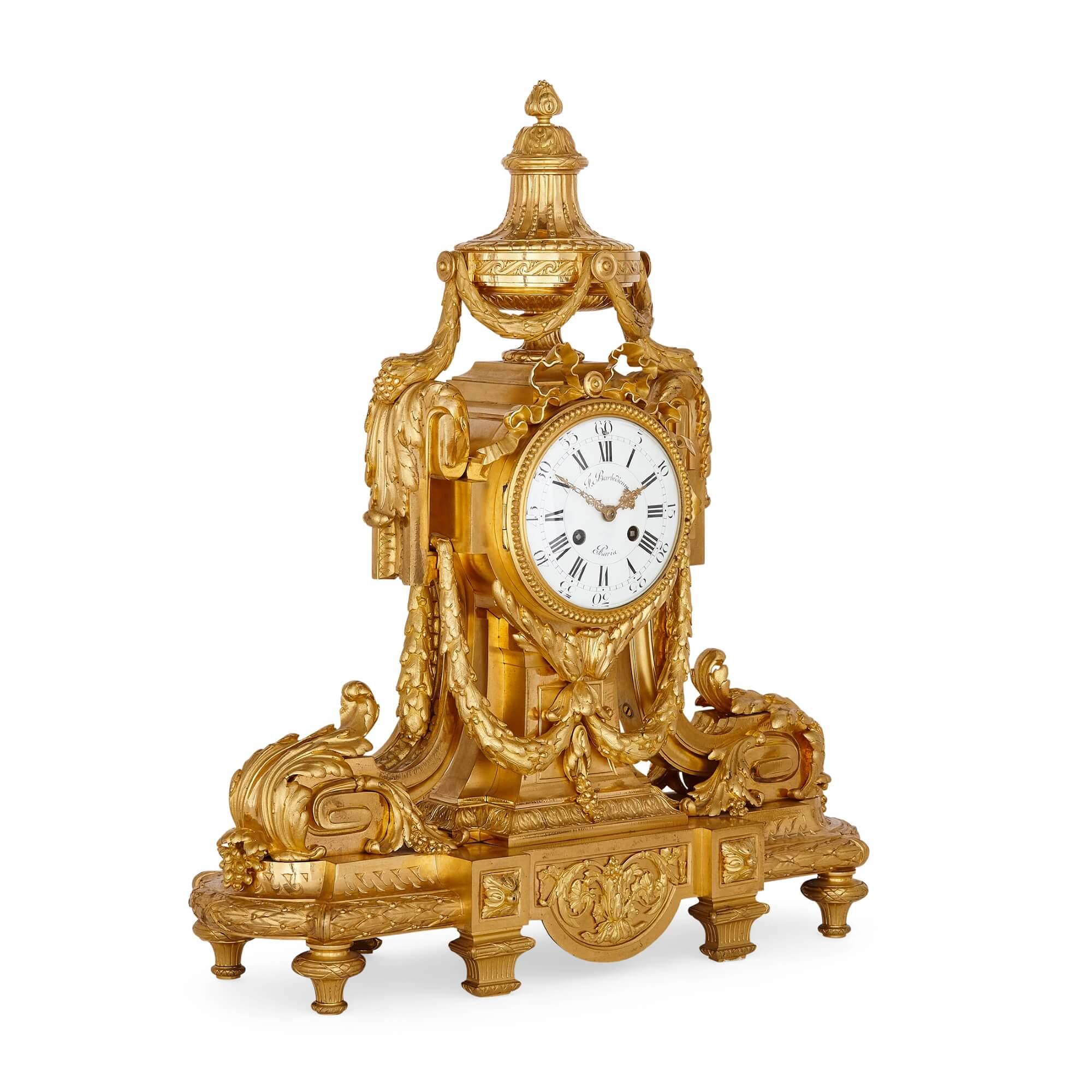 French Large Louis XV Style Rococo Ormolu Three-Piece Clock Set by Barbedienne For Sale
