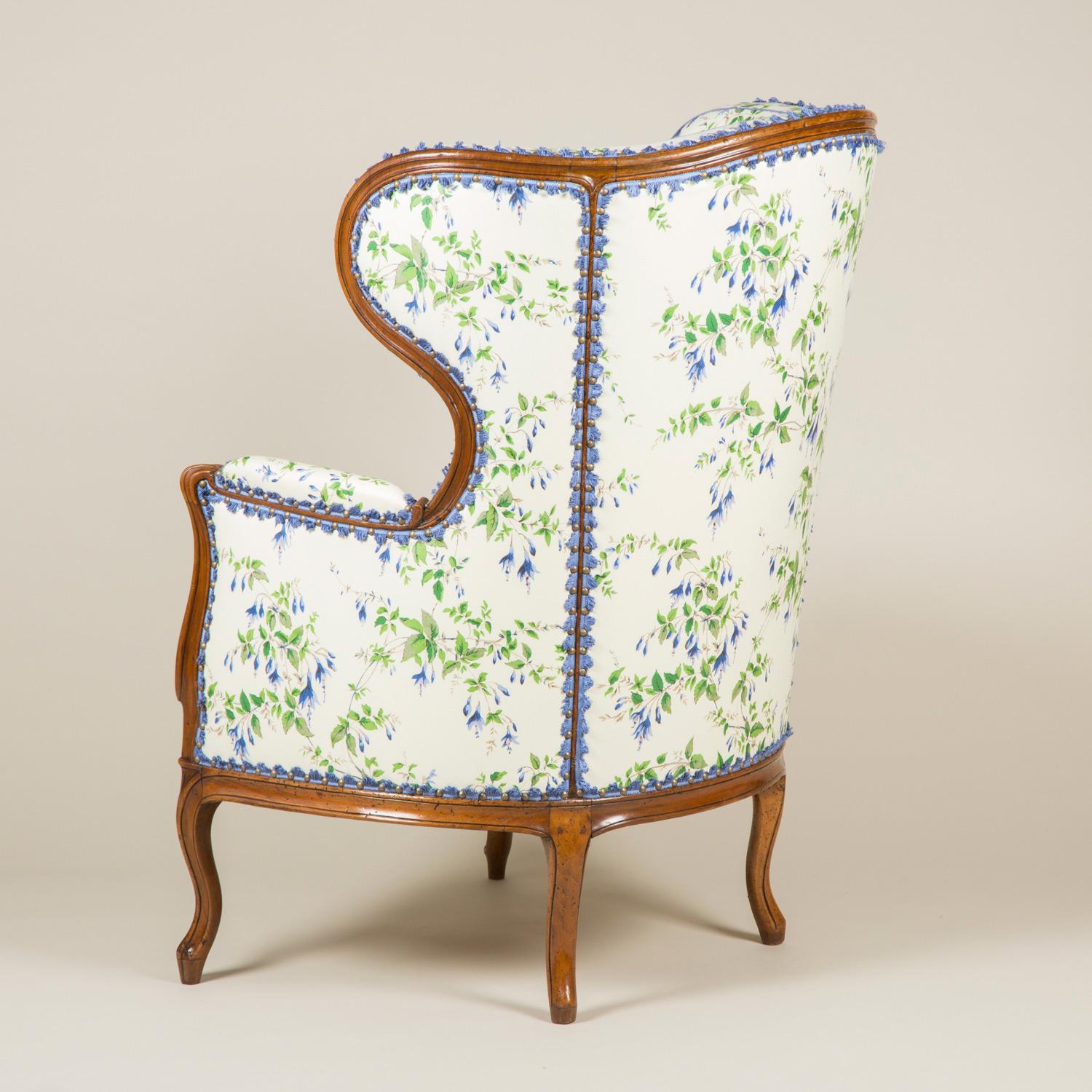 Large Louis XV Upholstered Walnut Wing Bergère with Cabriole Legs For Sale 6