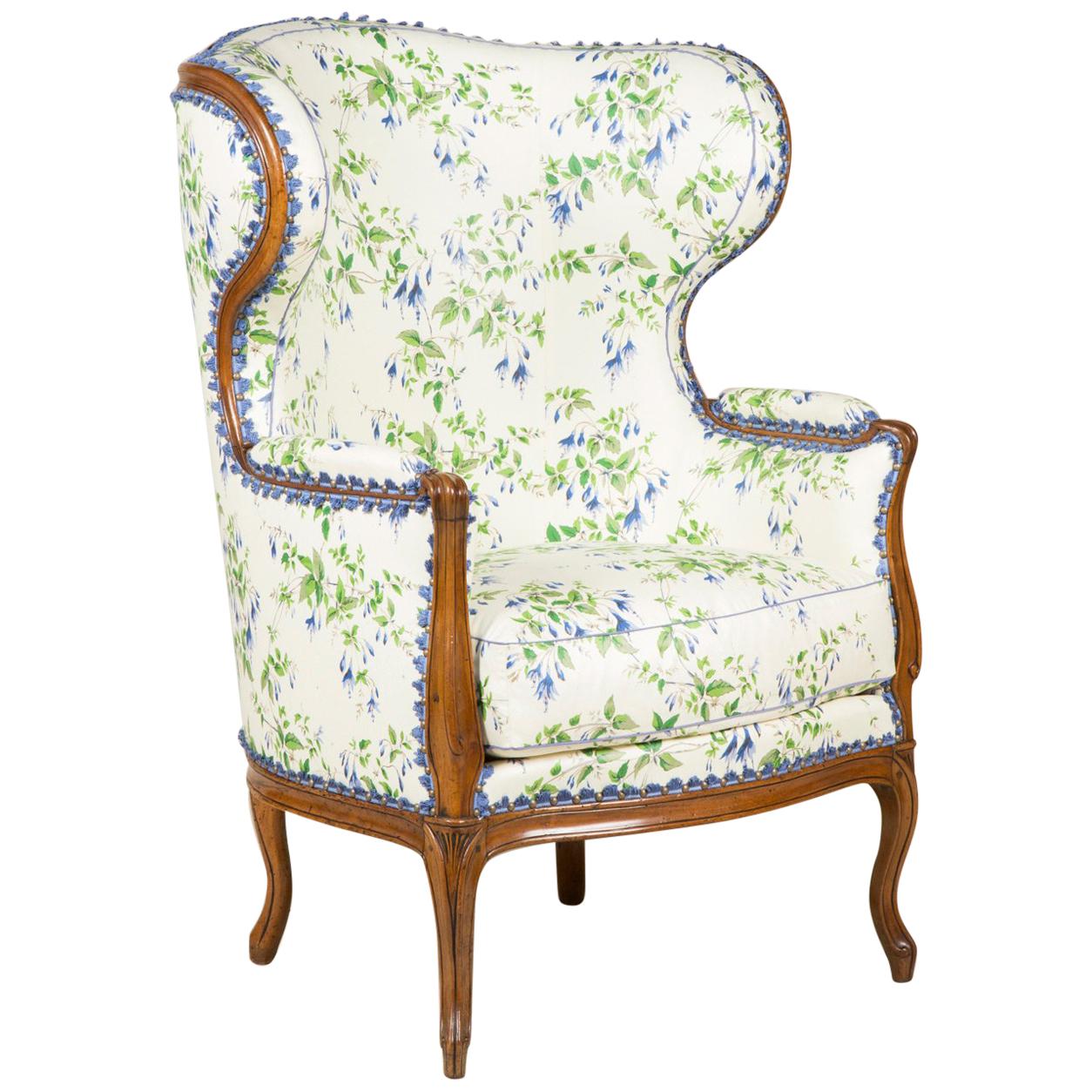 Large Louis XV Upholstered Walnut Wing Bergère with Cabriole Legs For Sale