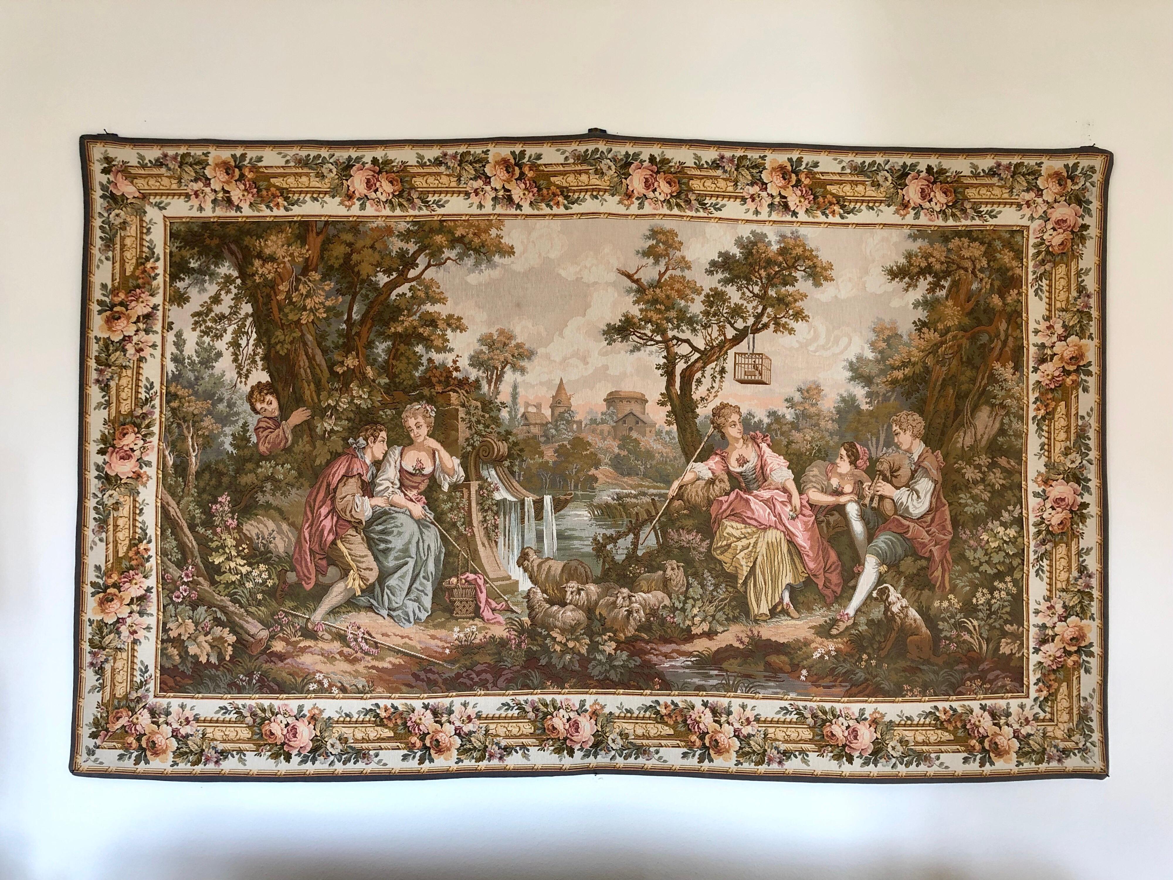 Measures: 214 cm / 132 cm 

The Aubusson tapestry manufacture of the 17th and 18th centuries managed to compete with the royal manufacture of Gobelins tapestry and the privileged position of Beauvais tapestry.
 Tapestry manufacture at Aubusson,