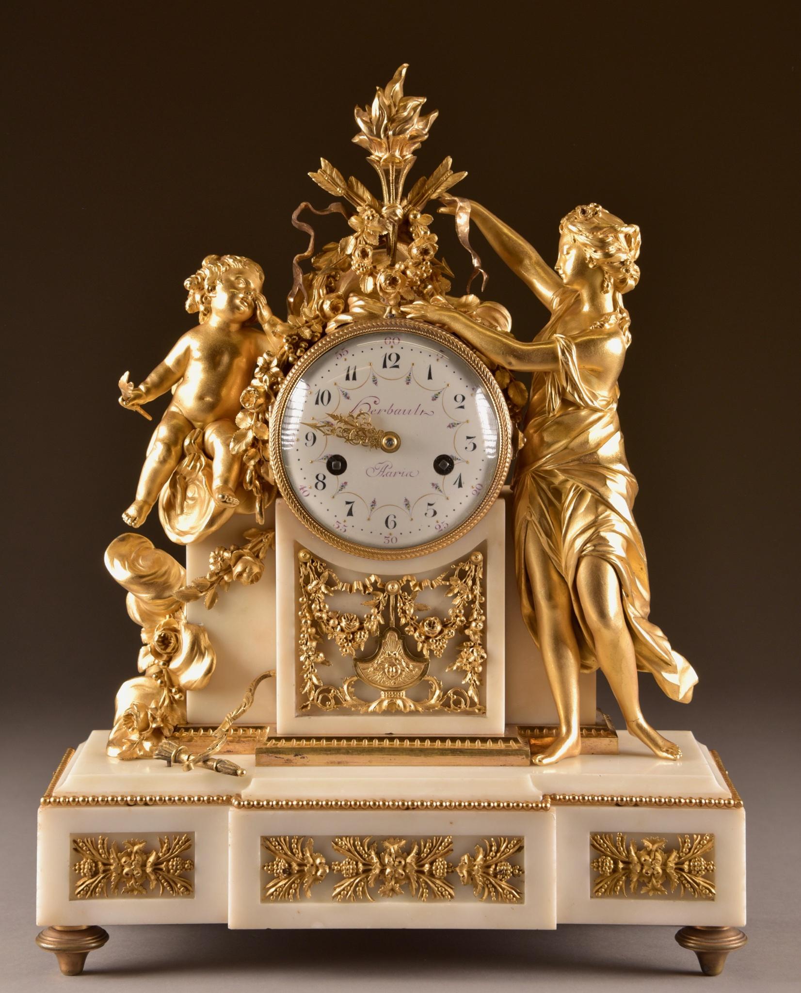 Very nice large and heavy Louis XVI pendulum. With beautiful images of Venus (Goddess of love) and a Cherub. known from the book: DIE FRANZÖSISCHE BRONZEUHR!, pag. 131.

This clock comes with a key and a pendulum. Clockwork has recently been checked
