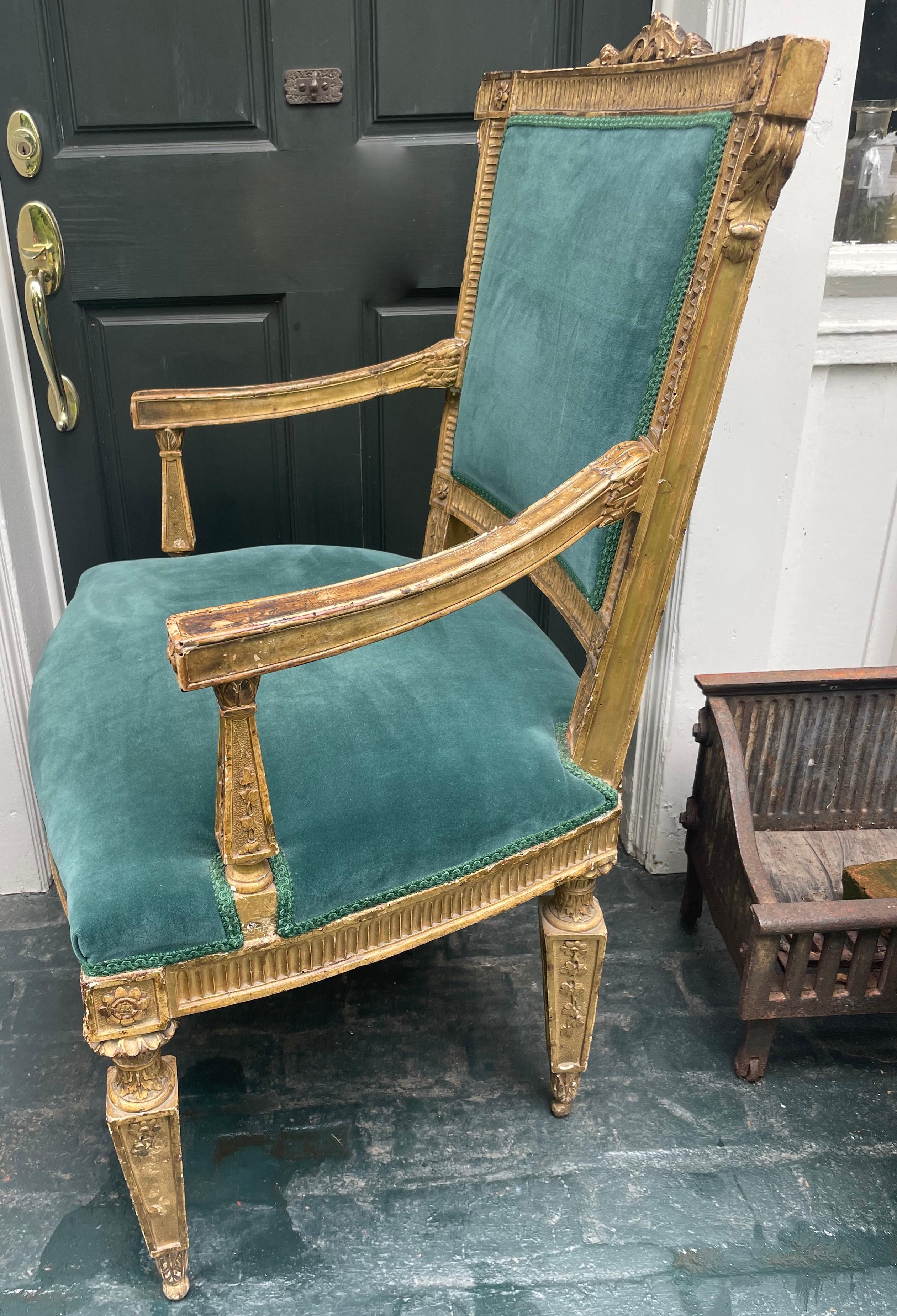French Large Louis XVI Gilt Carved Open Armchair For Sale