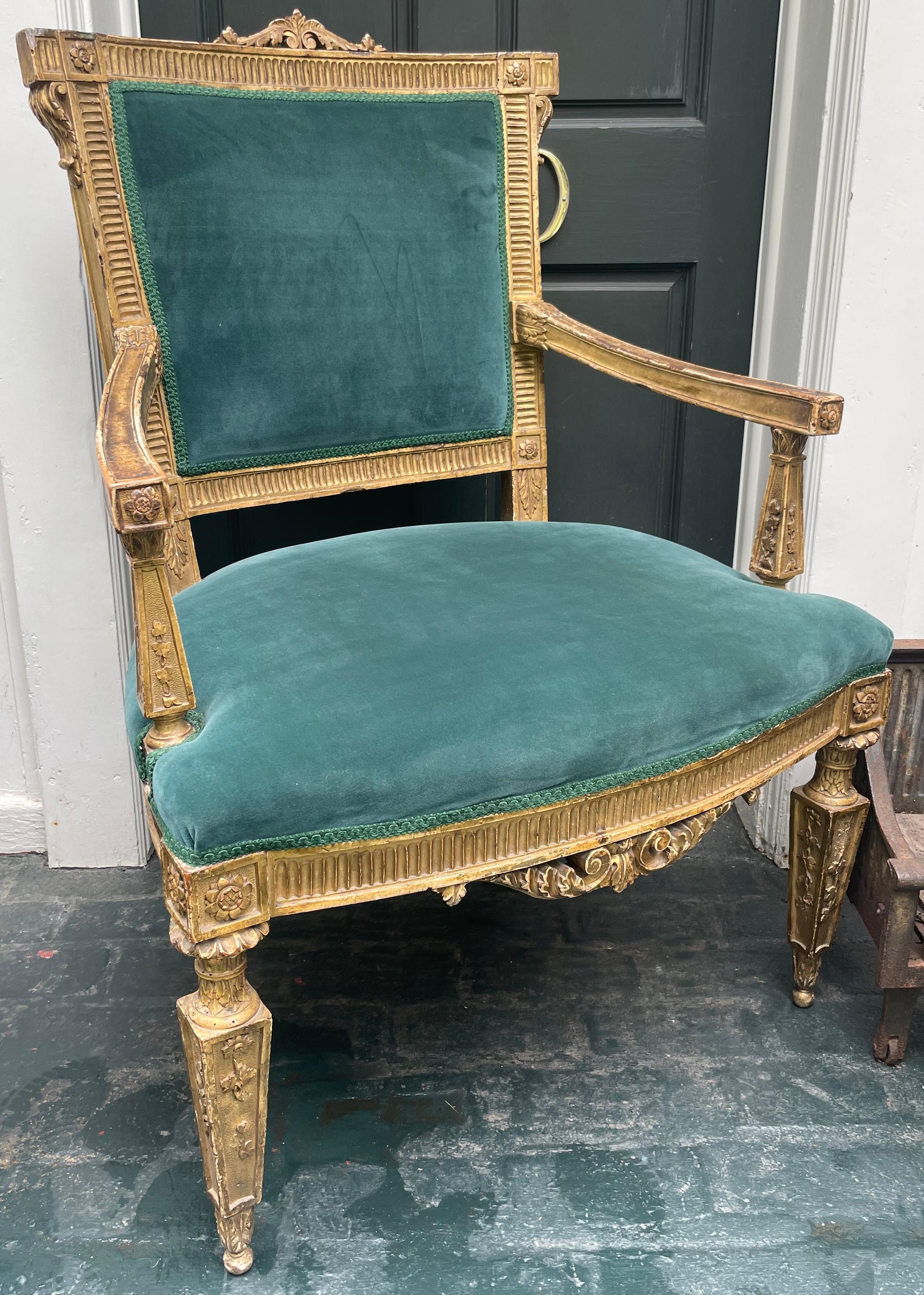 Large Louis XVI Gilt Carved Open Armchair In Good Condition For Sale In New York, NY