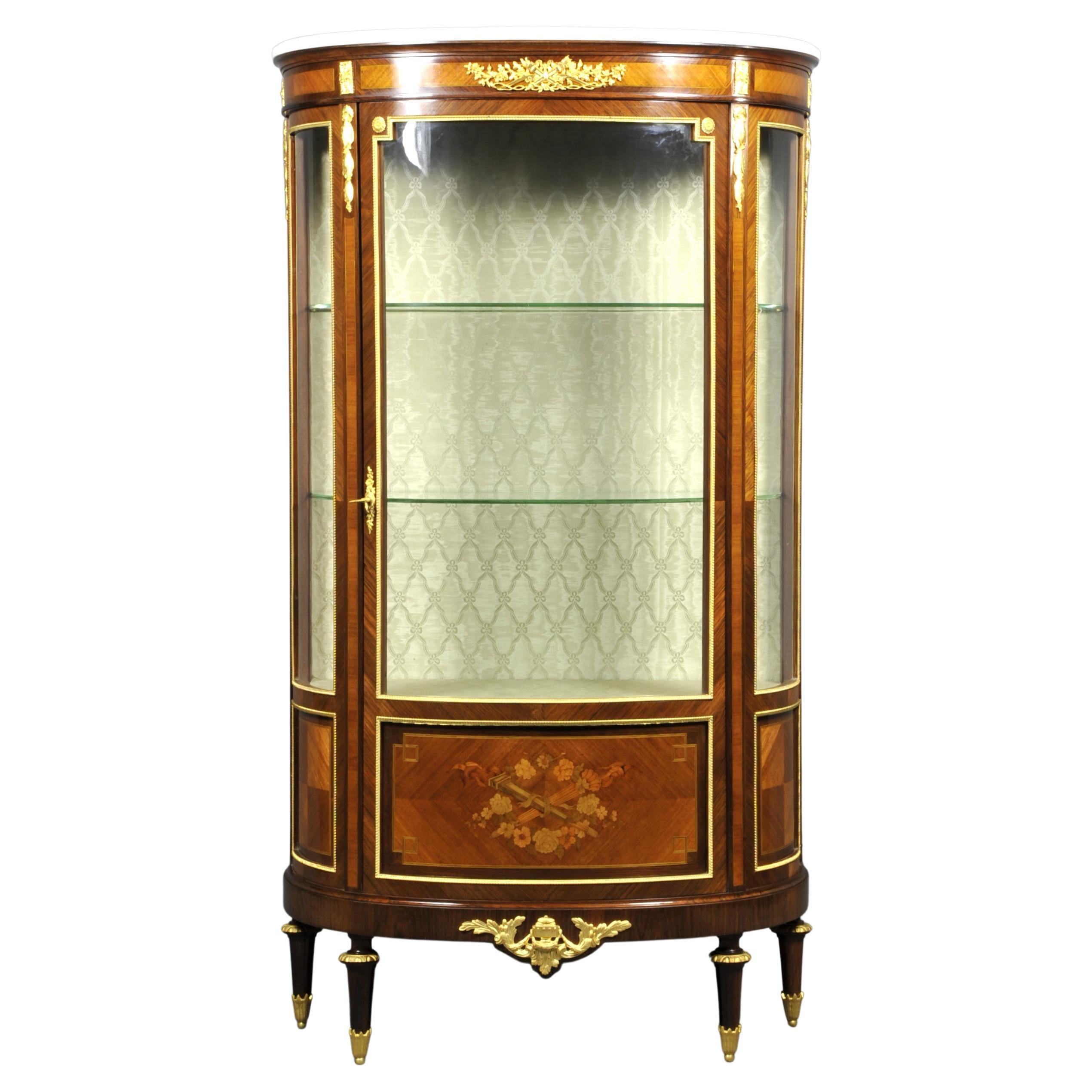 Large Louis XVI Half-Moon Shaped Showcase in Marquetry and Gilt Bronze