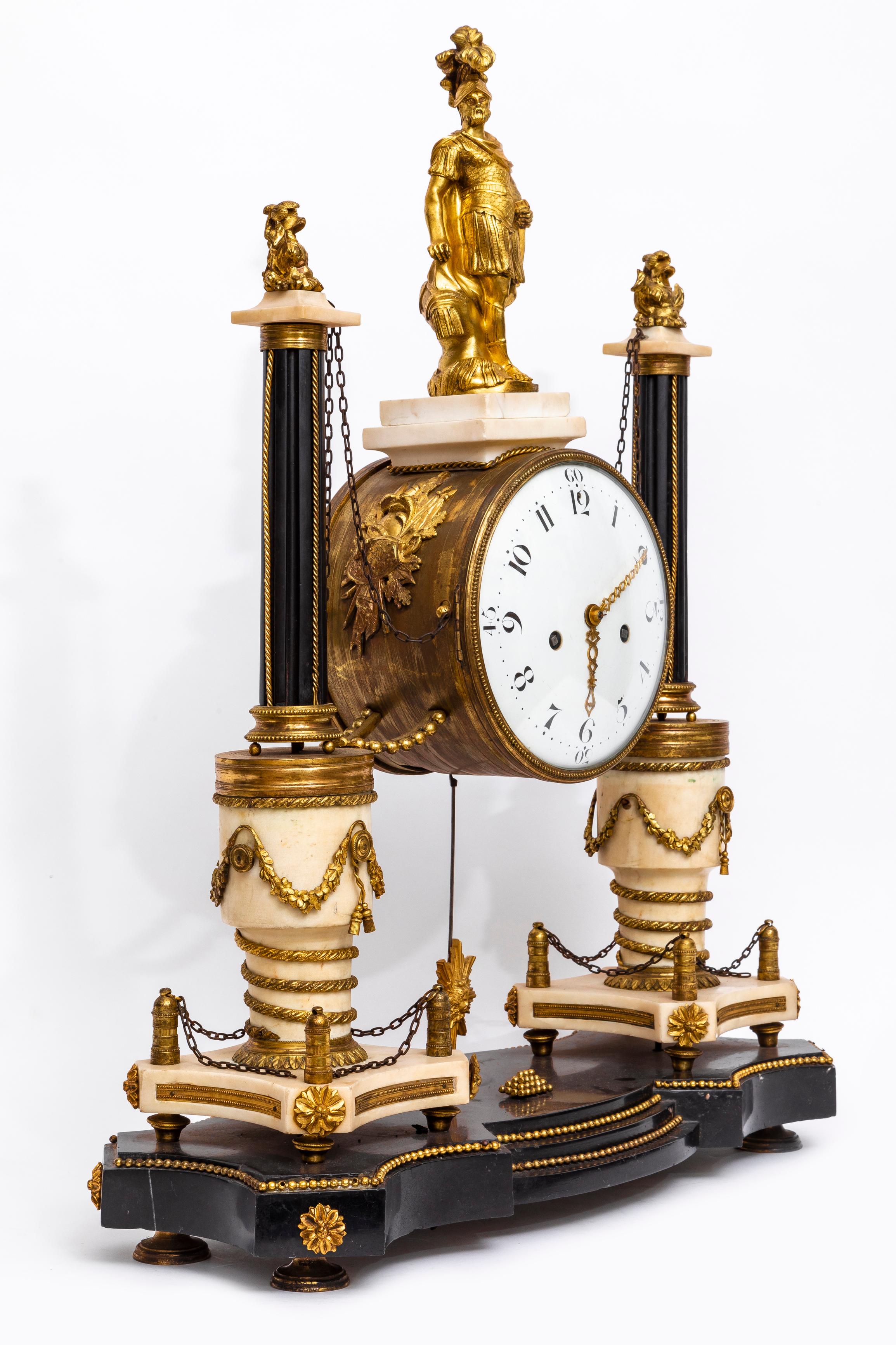 Hand-Carved Large Louis XVI Period (18th Century) French Marble & Dore Bronze Portico Clock For Sale