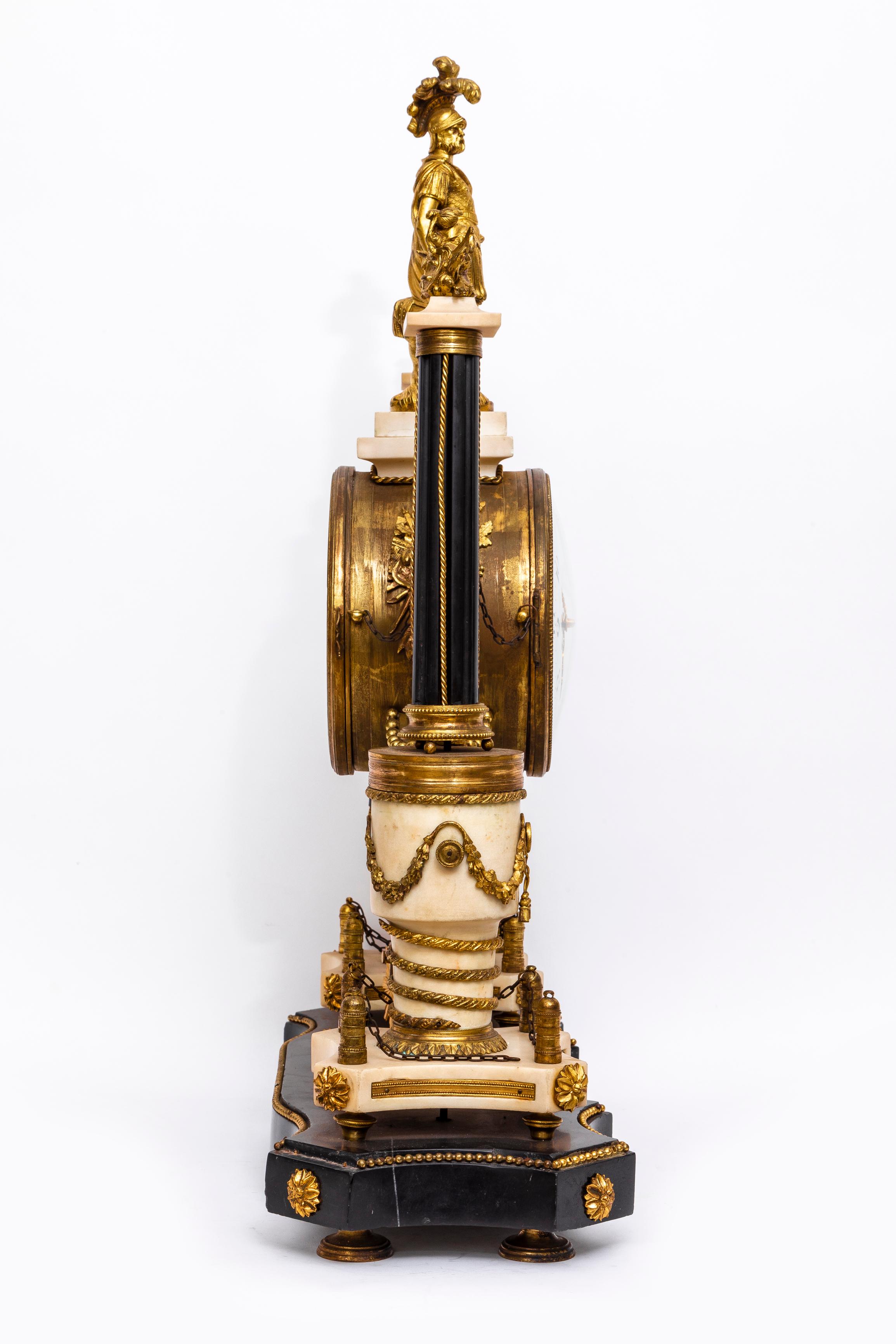 Large Louis XVI Period (18th Century) French Marble & Dore Bronze Portico Clock In Good Condition For Sale In New York, NY