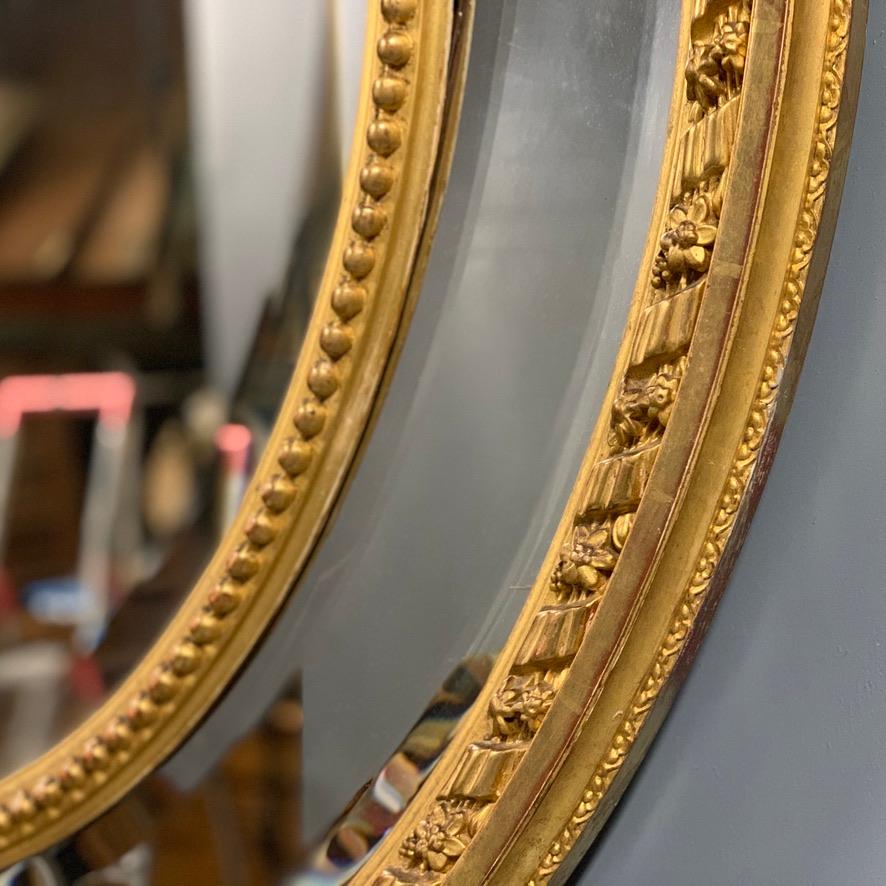 Giltwood Large Louis XVI Style 19th French Oval Gilt Bevelled Mirror