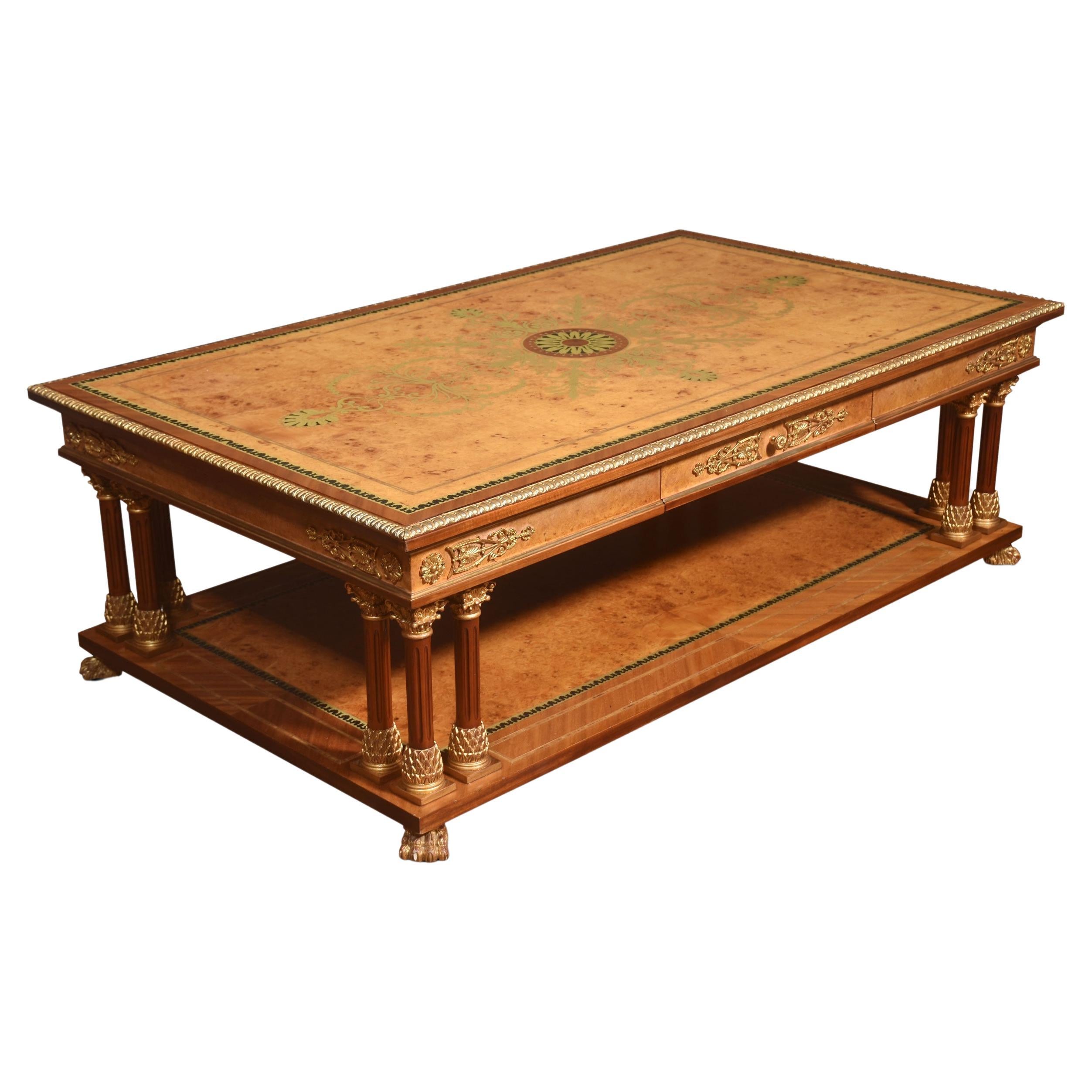 Large Louis XVI style brass inlaid coffee table For Sale
