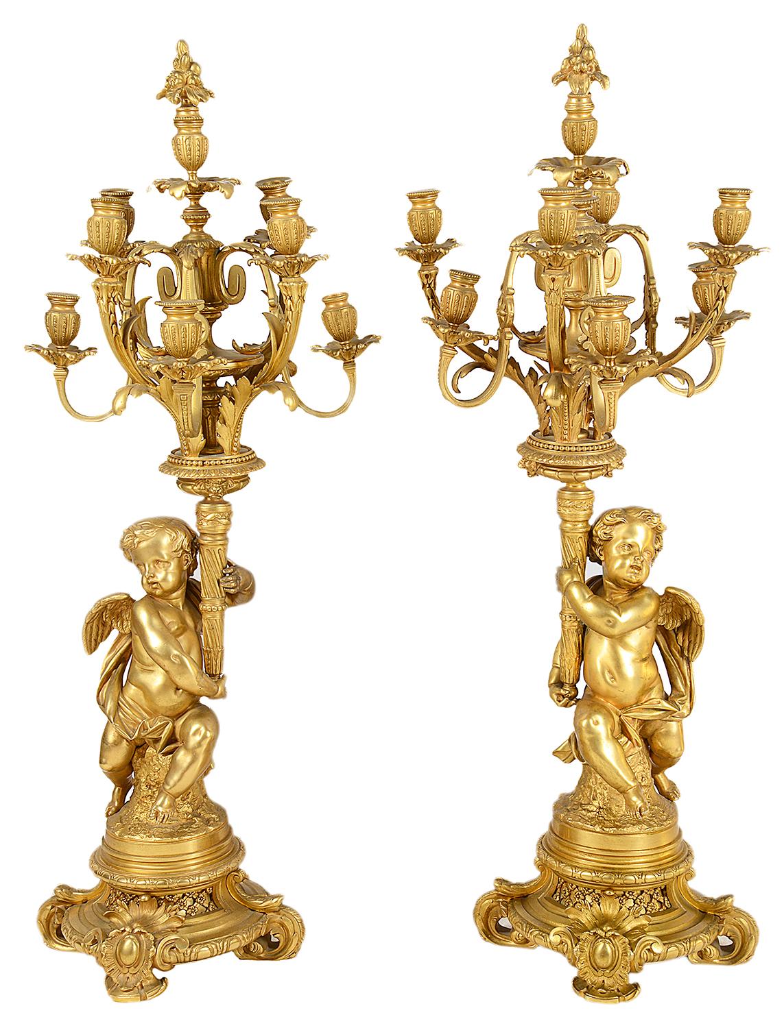 French Large Louis XVI Style Gilded Clock Garniture For Sale