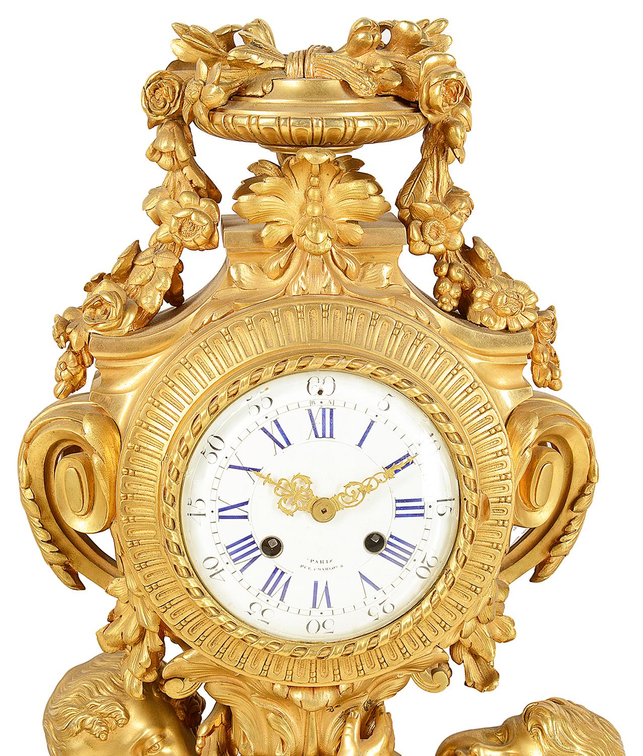 Gilt Large Louis XVI Style Gilded Clock Garniture For Sale