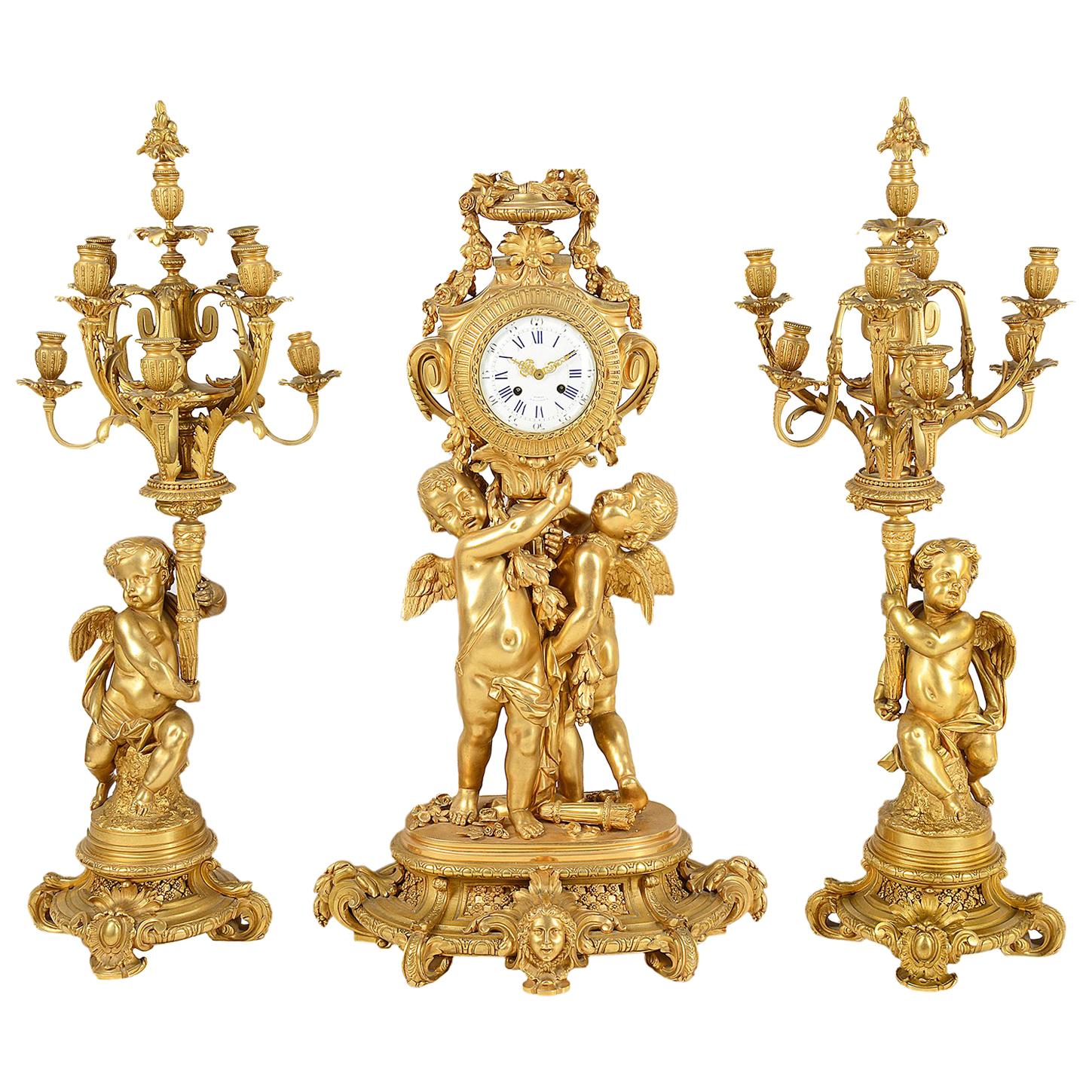 Large Louis XVI Style Gilded Clock Garniture