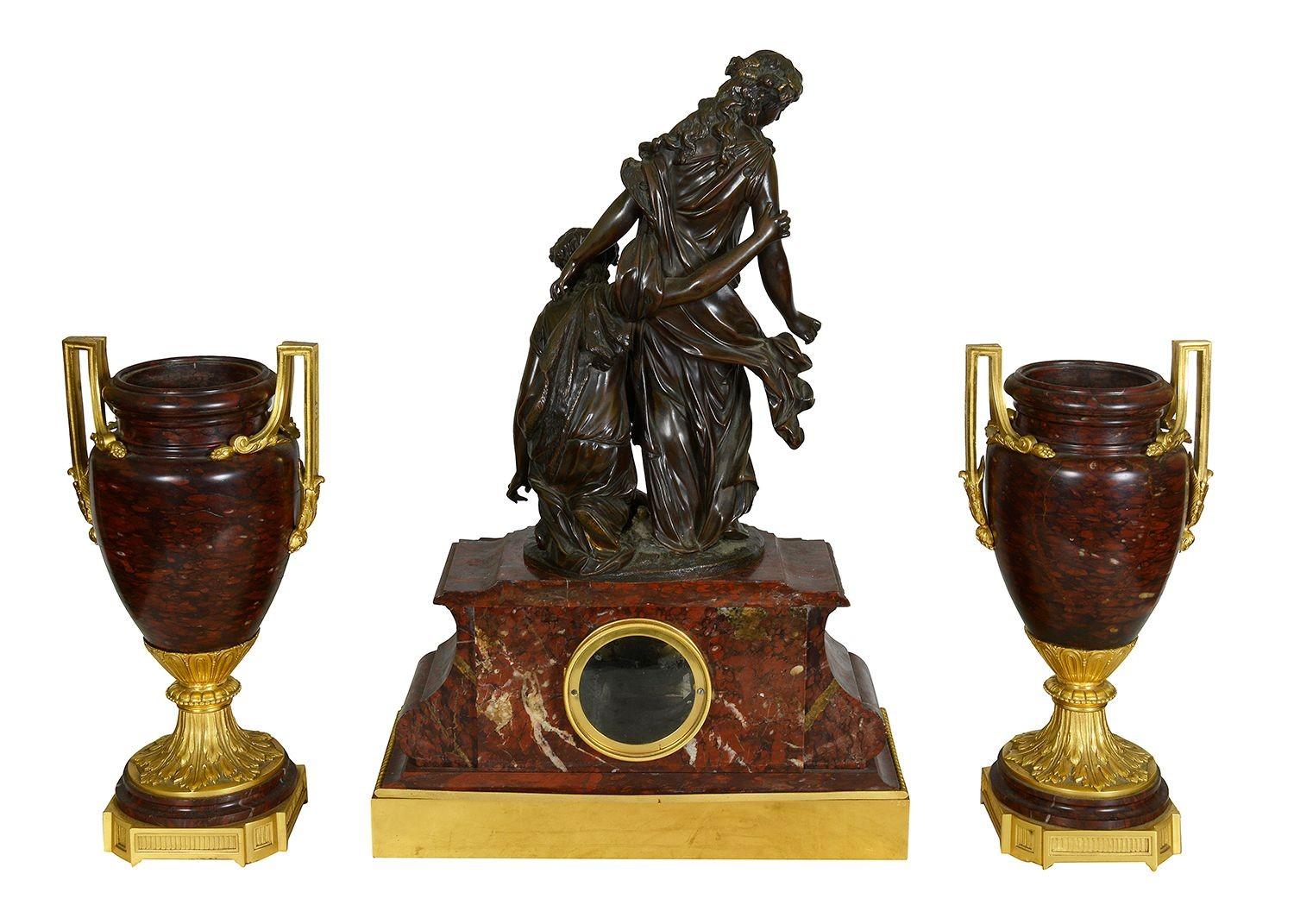 Ormolu Large Louis XVI style gilded clock set, C19th For Sale