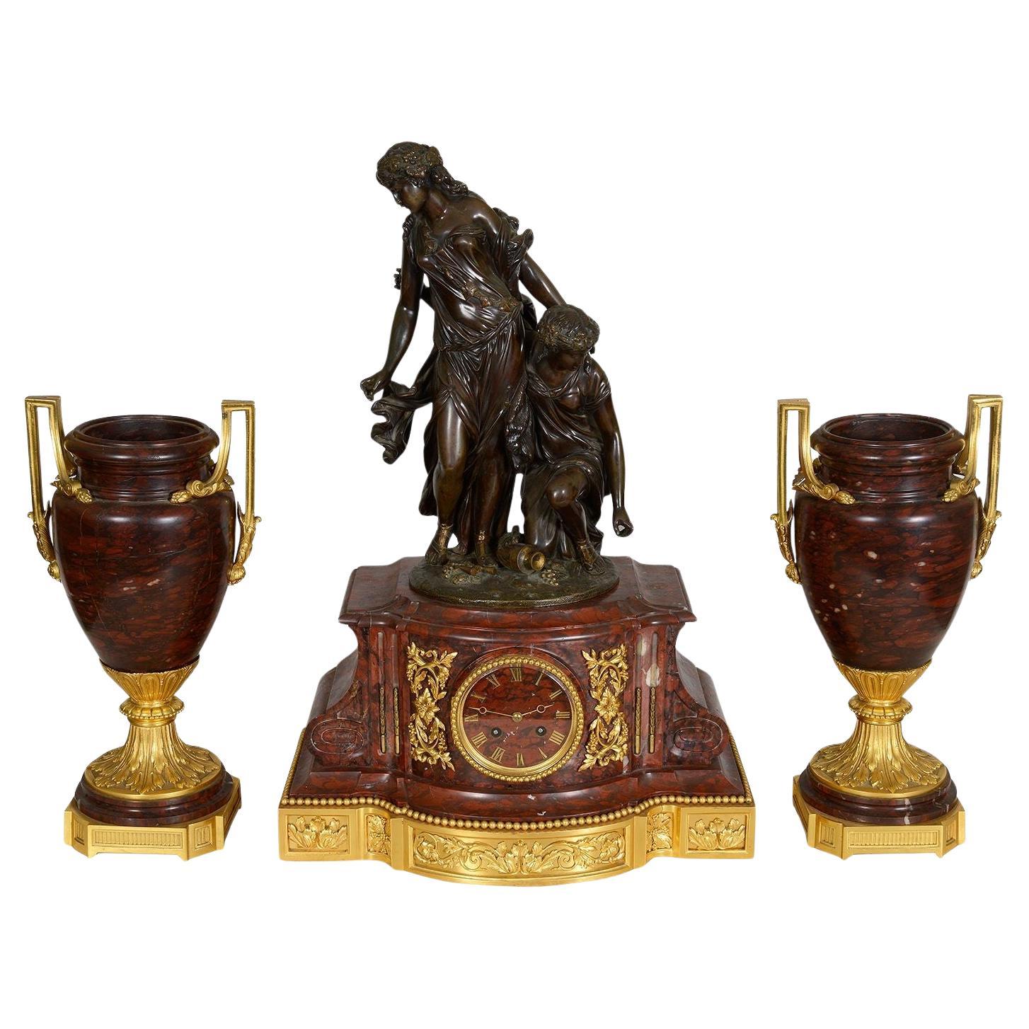 Large Louis XVI style gilded clock set, C19th For Sale