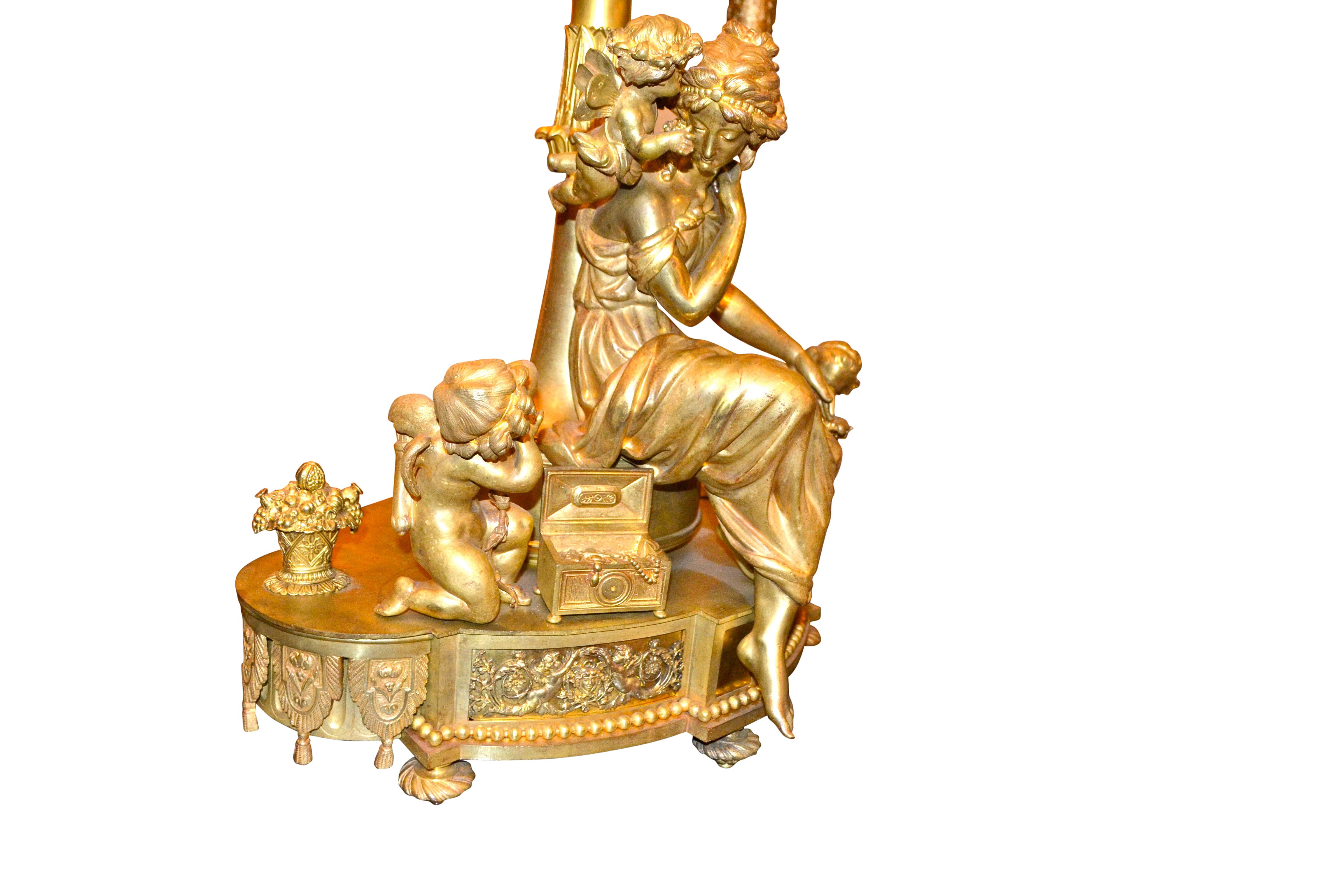 French Large Louis XVI Style Gilt Bronze Figural Lamp For Sale