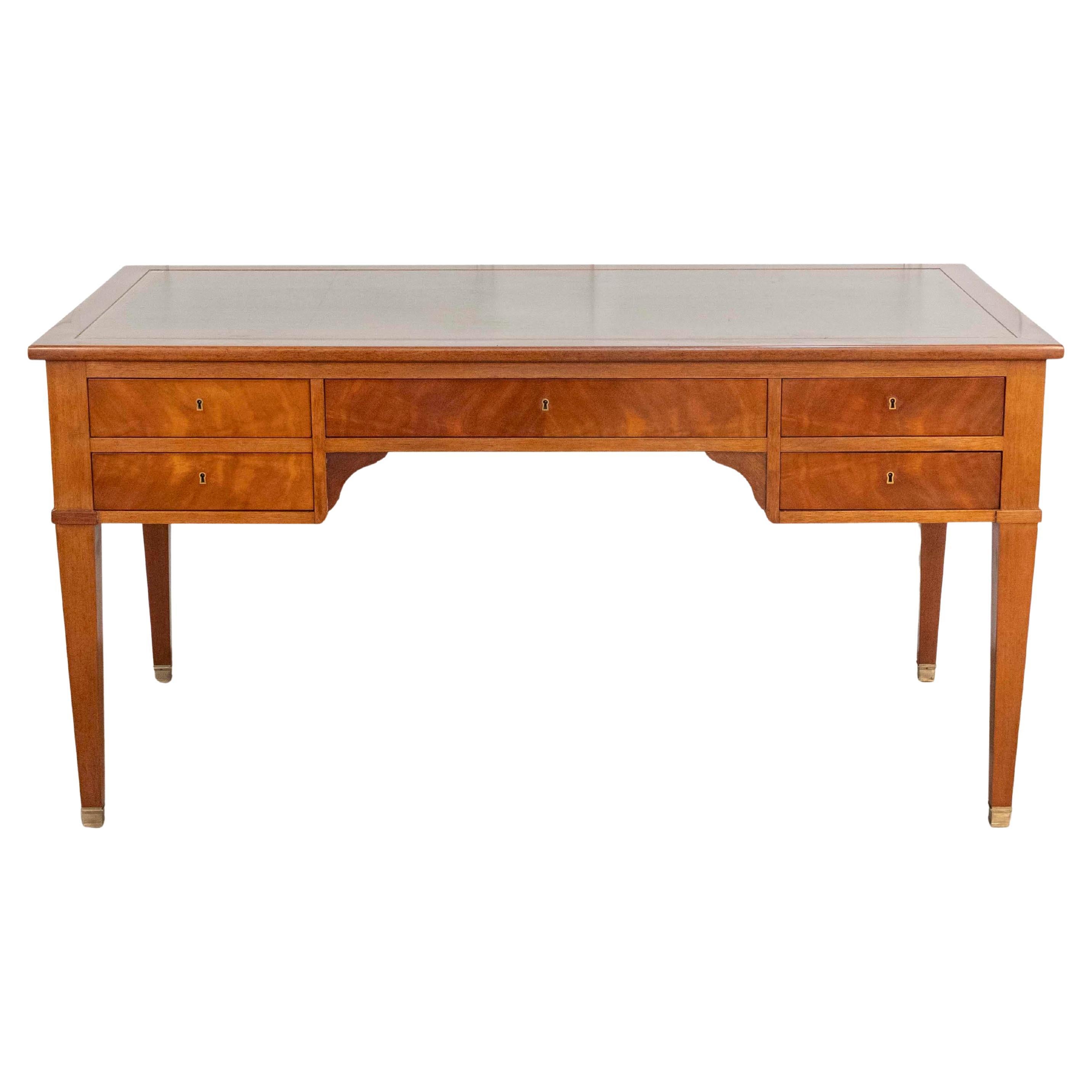 Large Louis XVI–Style Mahogany Double-Sided Flat Desk with Green Leather Top For Sale