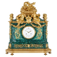 Large Louis XVI Style Malachite and Ormolu Mantel Clock