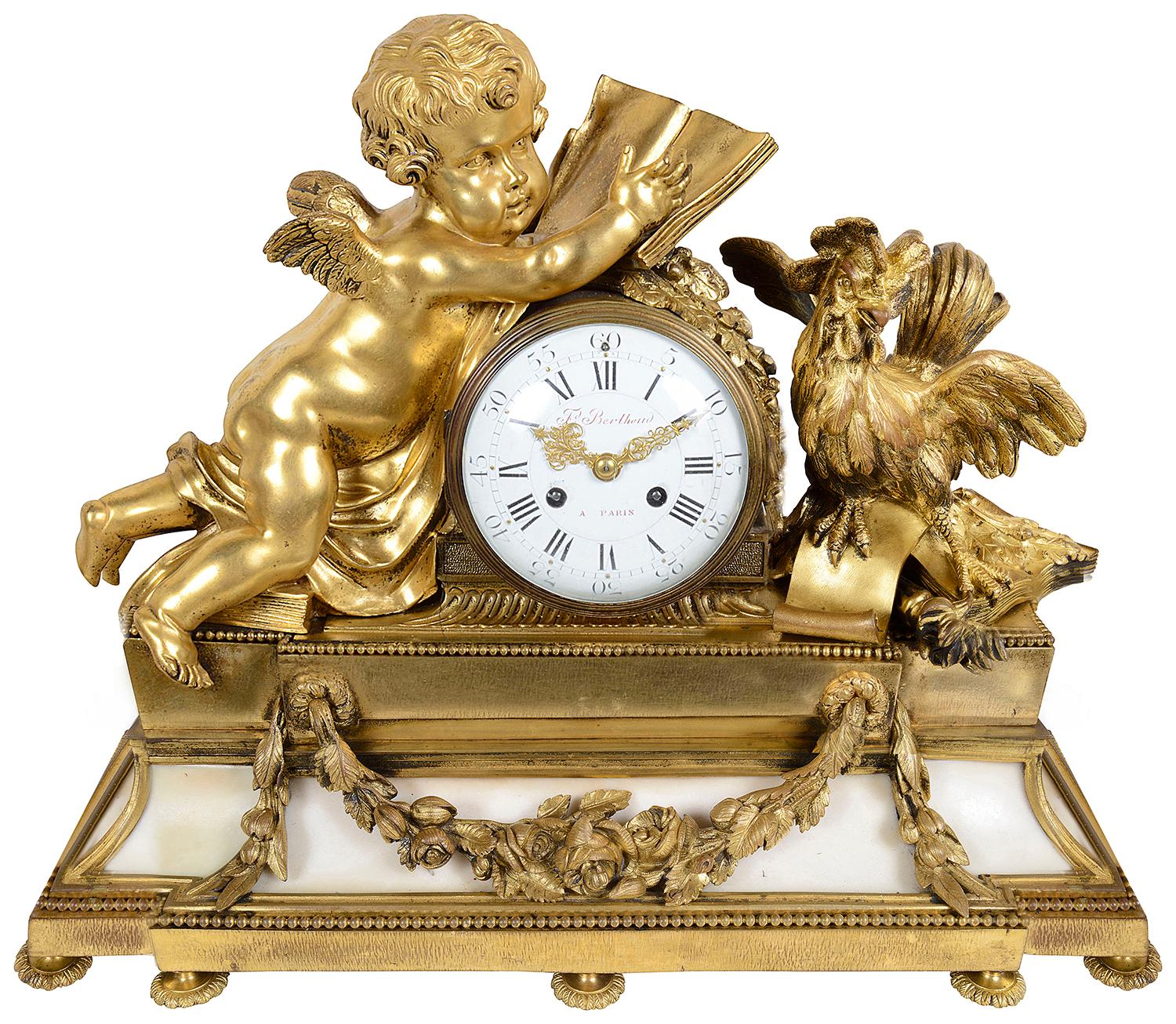 A very impressive and good quality 19th century gilded ormolu Louis XVI style clock garniture. The pair of five branch candelabra supported by a pair of classical semi clad females, raised on white marble bases with garlands of flowers.
The clock