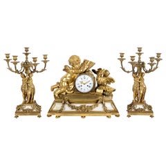 Large Louis XVI Style Ormolu and Marble Clock Set