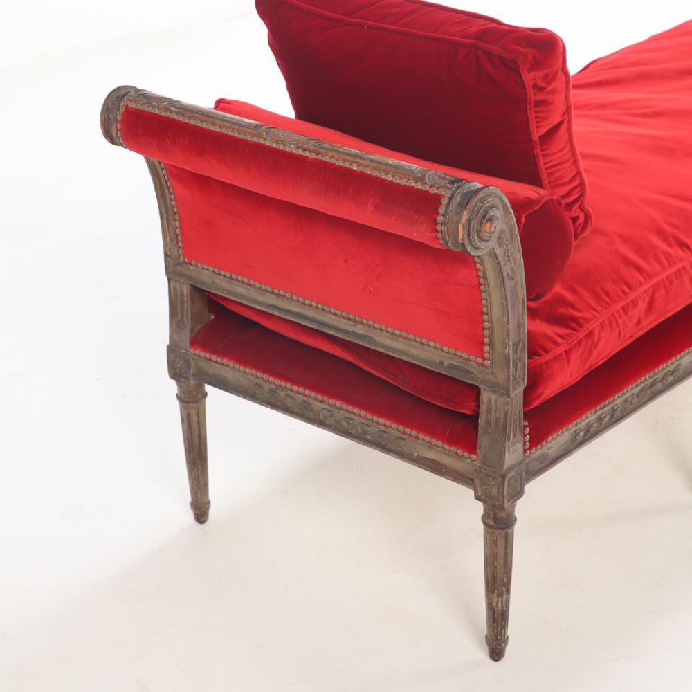 American Large Louis XVI style upholstered walnut window bench, C 1900.