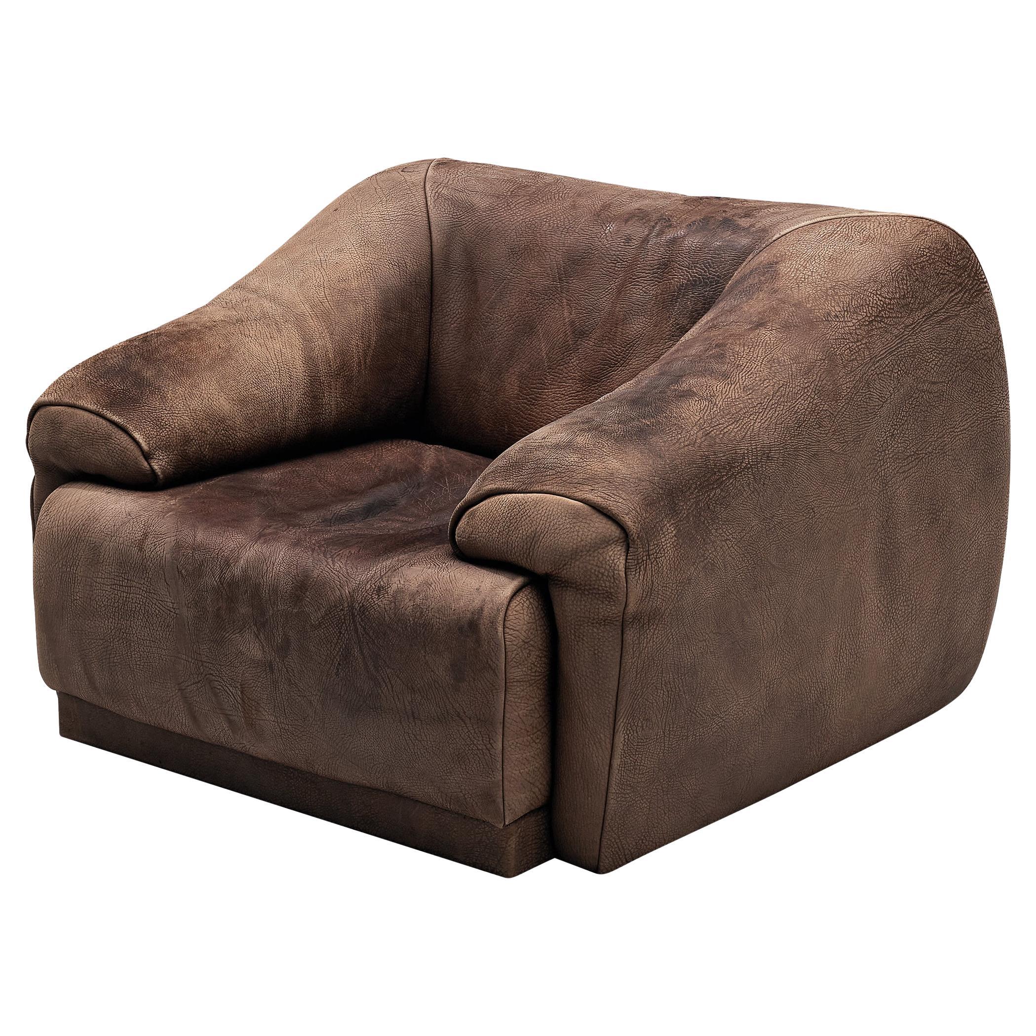 Large Lounge Chair in Original Patinated Buffalo Leather For Sale