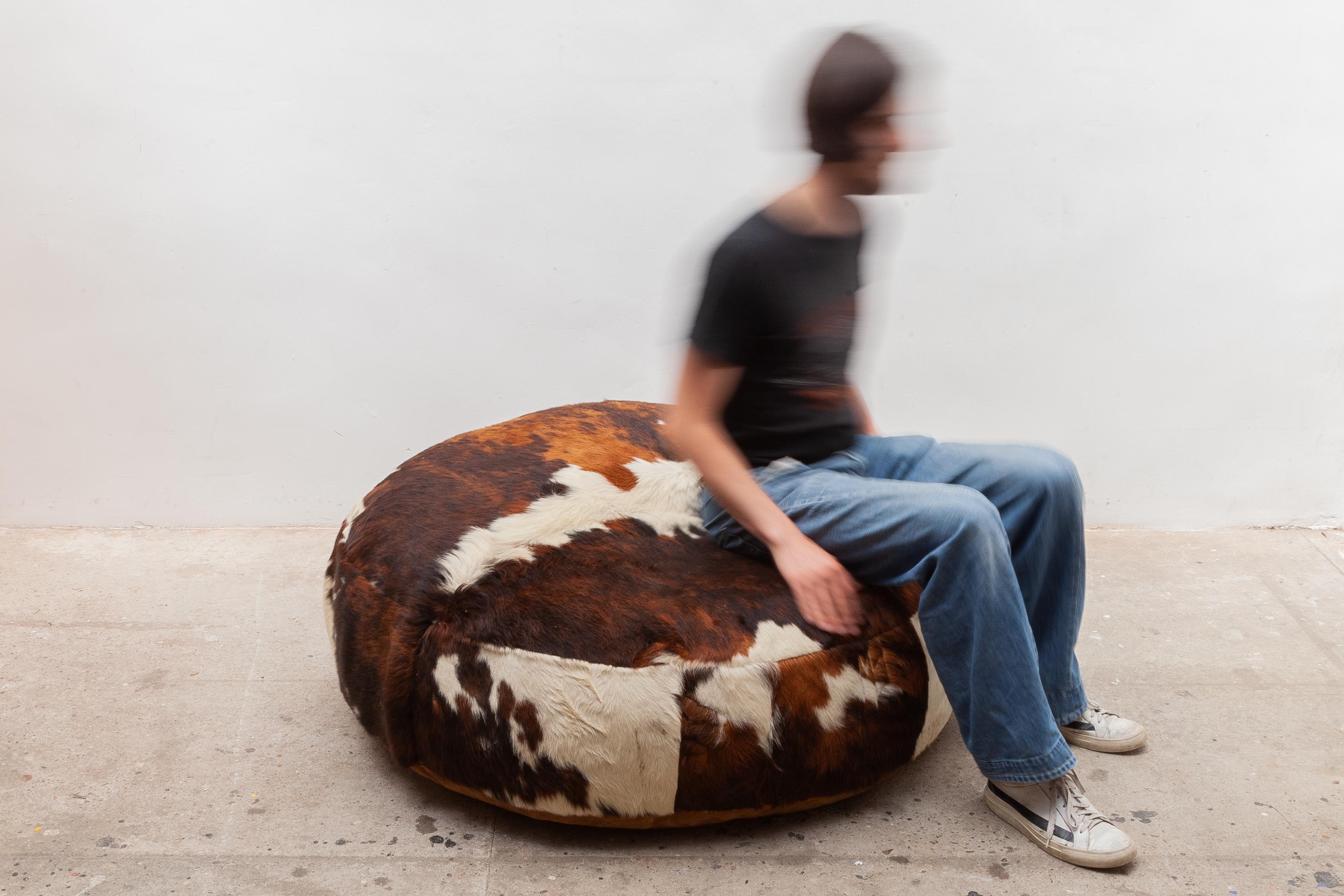Mid-Century Modern Large Lounge Ottoman Pouf in Cow Leather