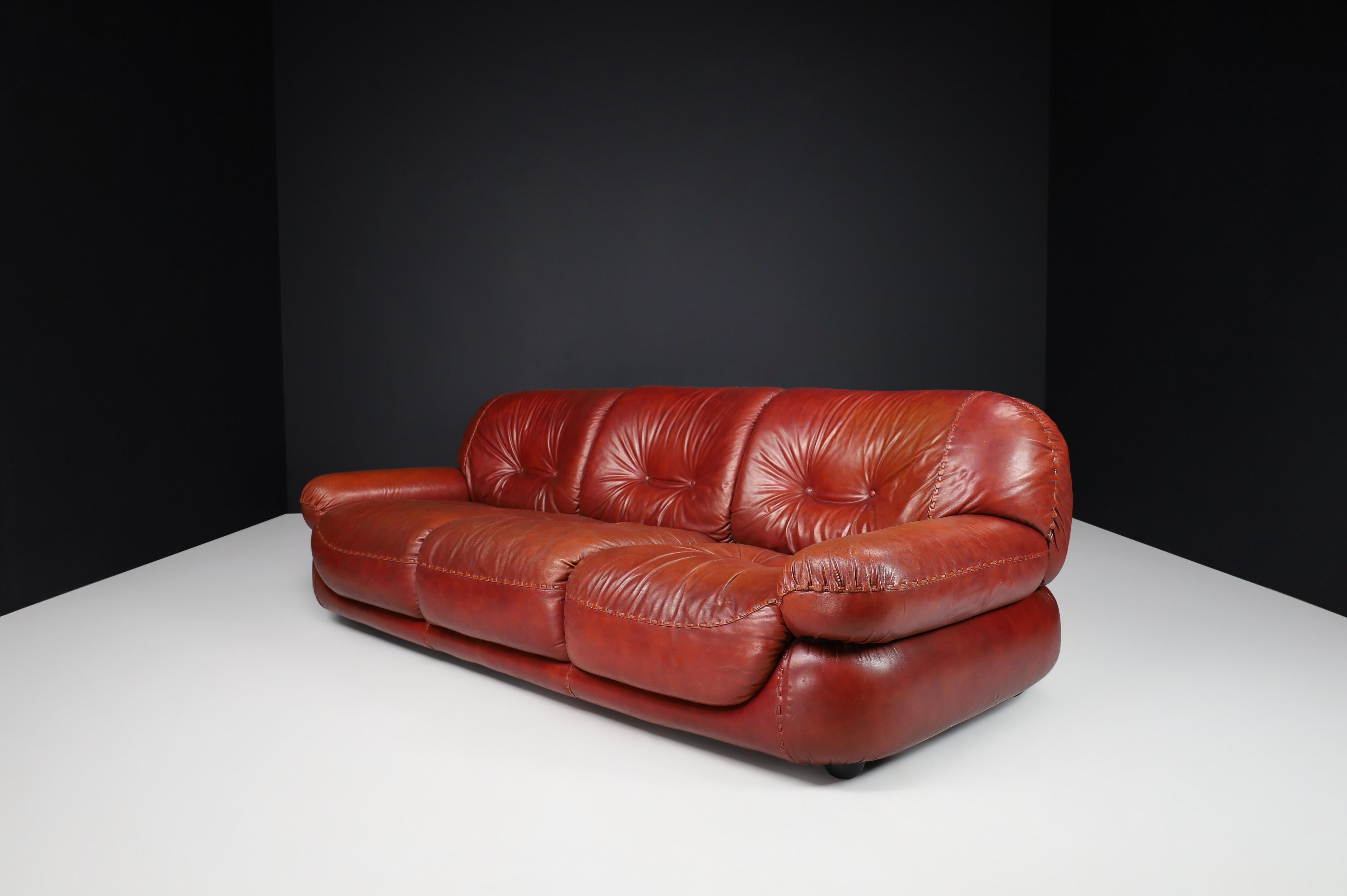 Large Lounge Sofa in Bordeaux Leather by Sapporo for Mobil Girgi, Italy, 1970 For Sale 4