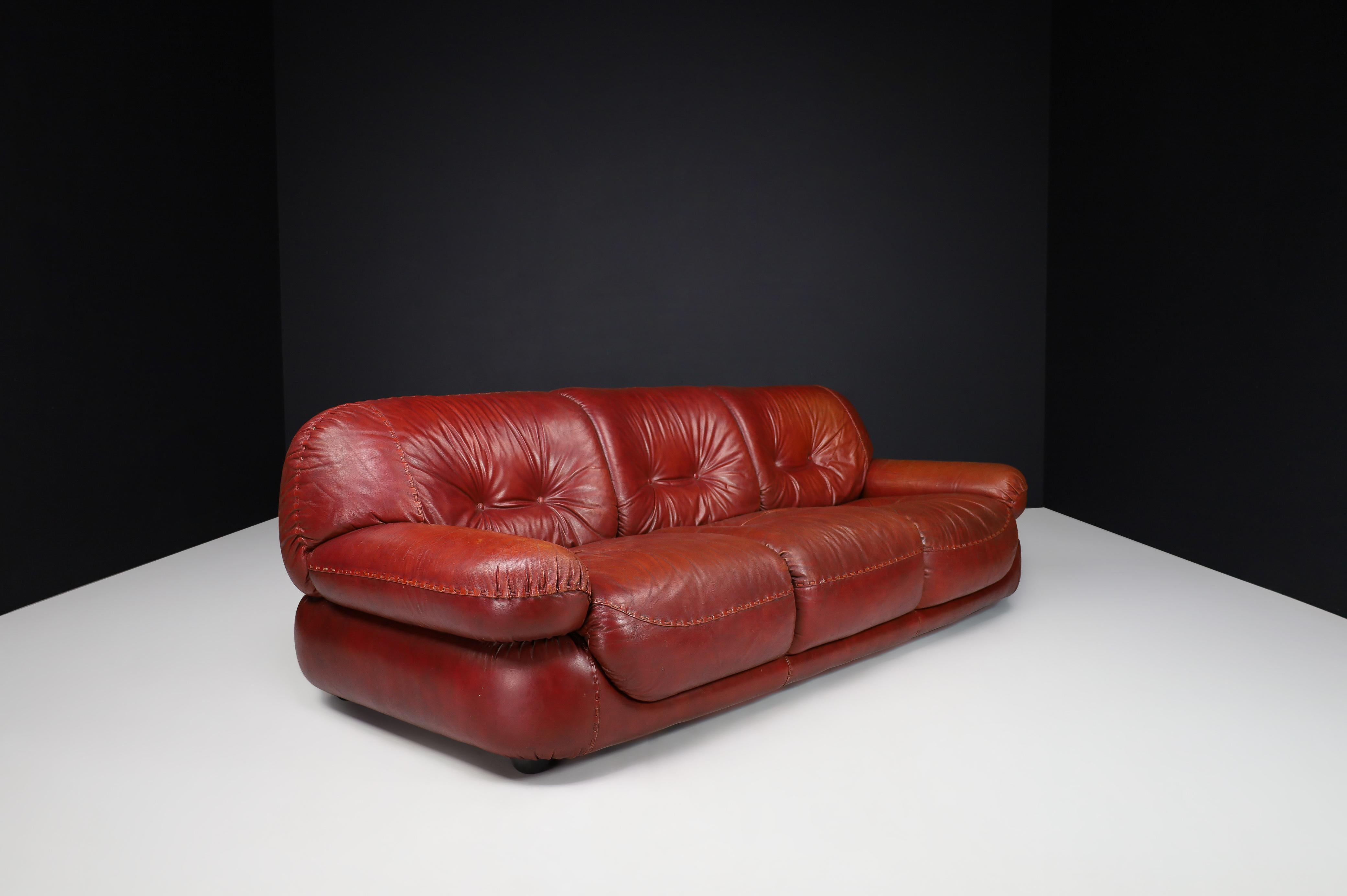 Italian Large Lounge Sofa in Bordeaux Leather by Sapporo for Mobil Girgi, Italy, 1970 For Sale