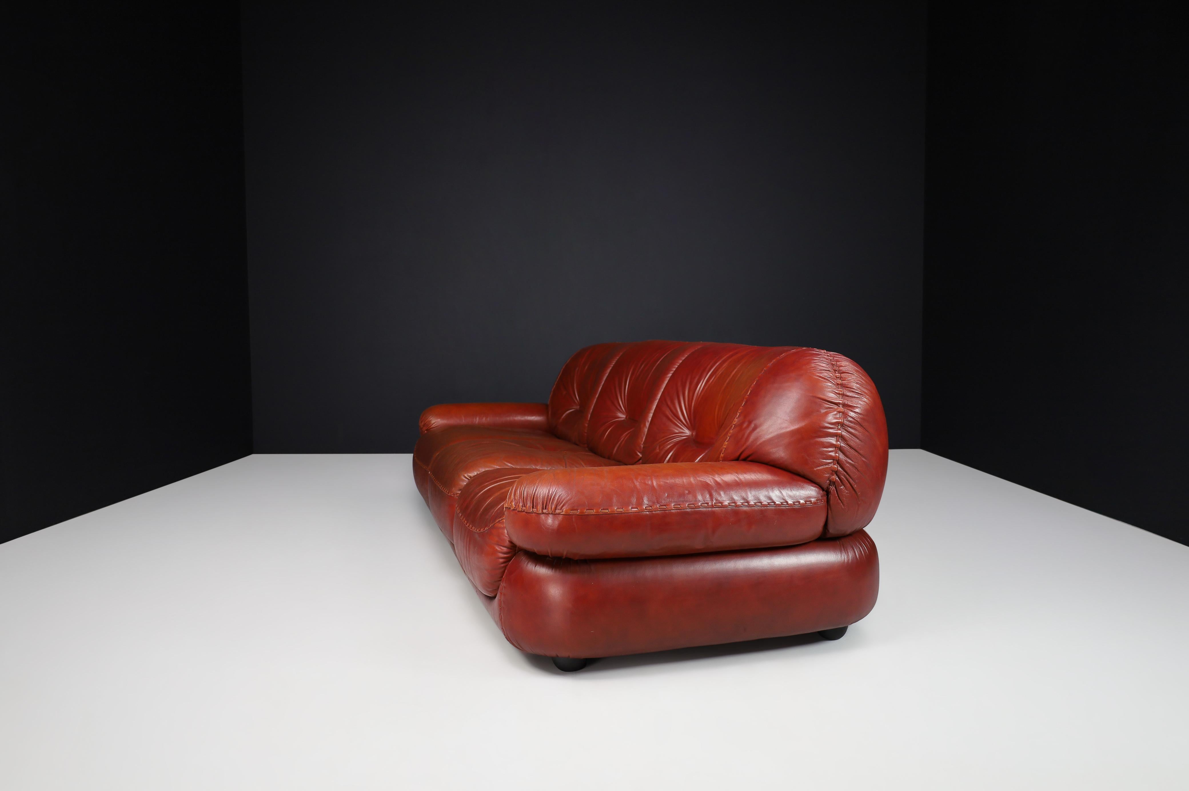 Large Lounge Sofa in Bordeaux Leather by Sapporo for Mobil Girgi, Italy, 1970 In Good Condition For Sale In Almelo, NL