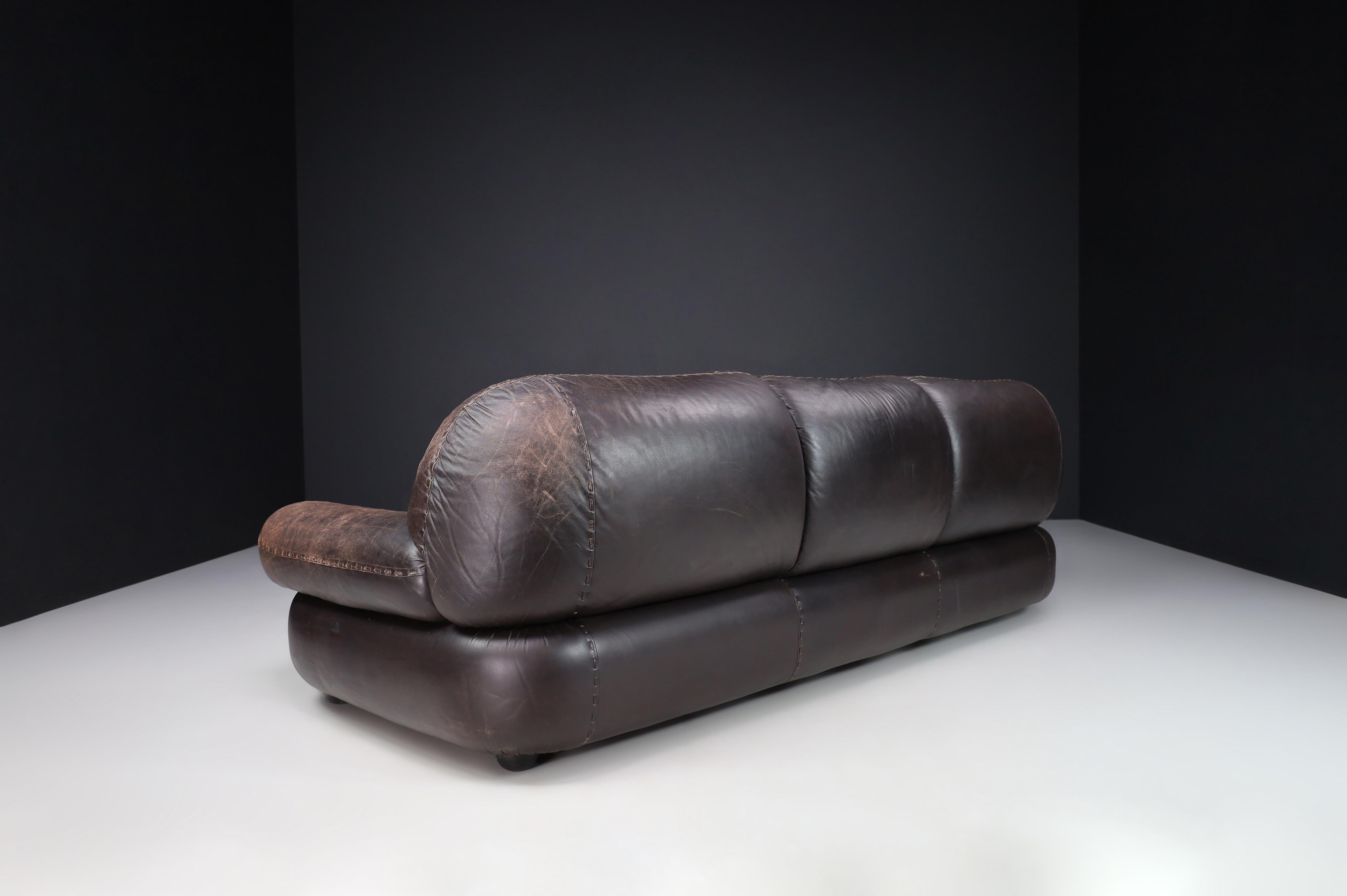 Large Lounge Sofa in Brown Leather by Sapporo for Mobil Girgi, Italy, 1970 For Sale 4