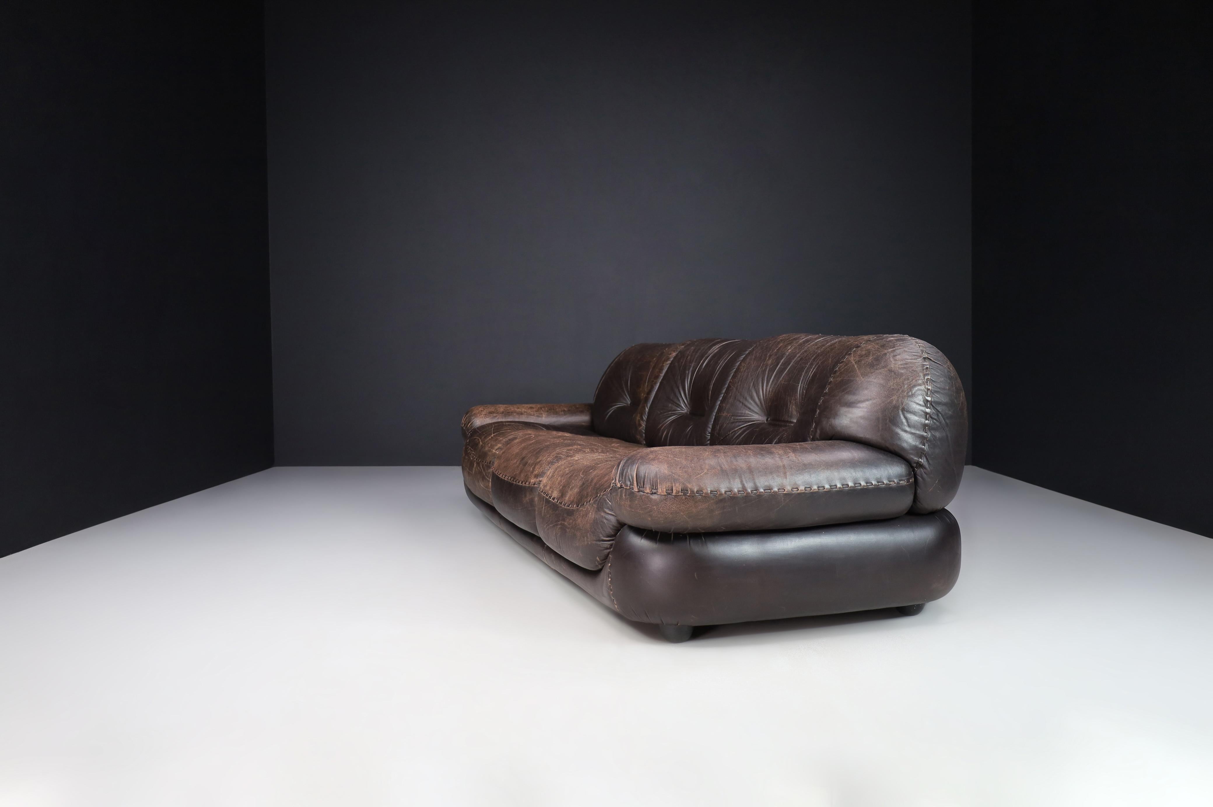 Large Lounge Sofa in Brown Leather by Sapporo for Mobil Girgi, Italy, 1970 For Sale 6