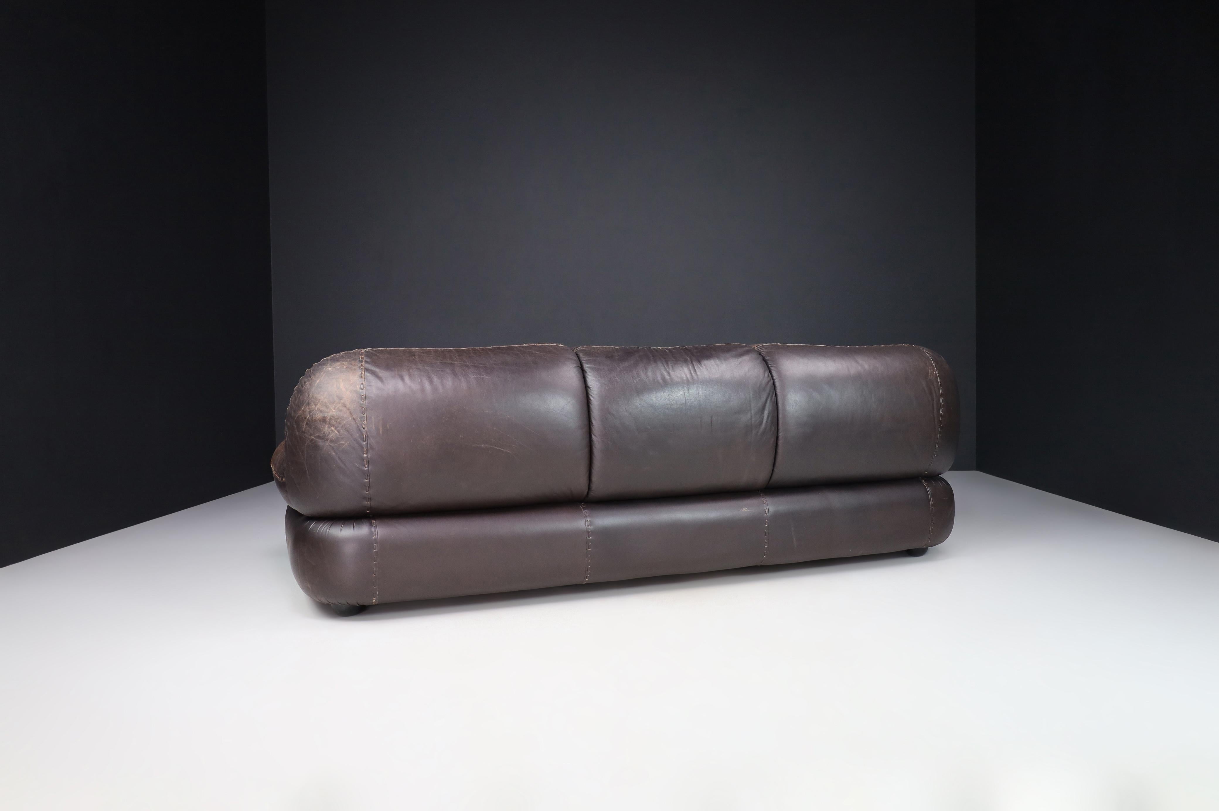 Large Lounge Sofa in Brown Leather by Sapporo for Mobil Girgi, Italy, 1970 For Sale 3