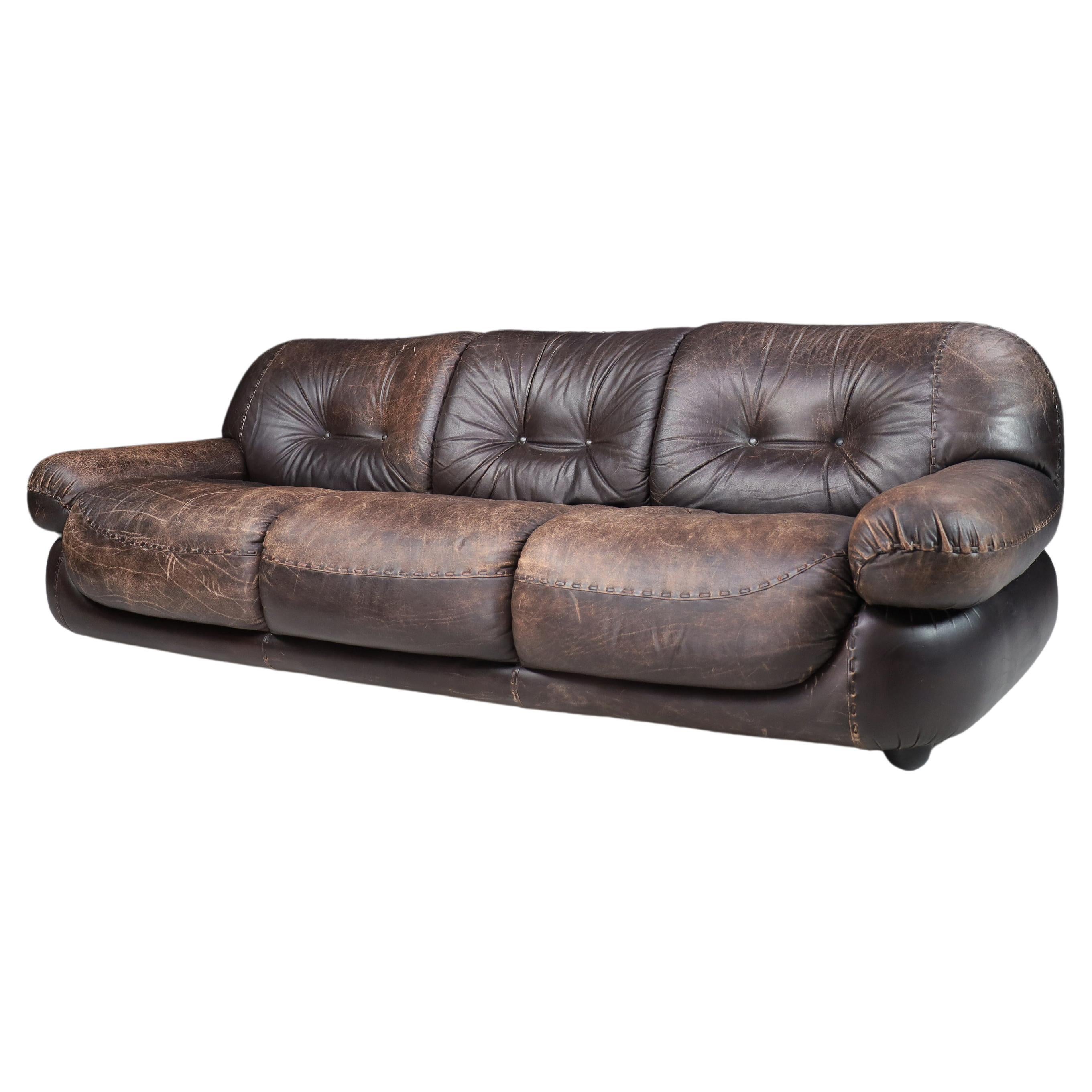 Large Lounge Sofa in Brown Leather by Sapporo for Mobil Girgi, Italy, 1970